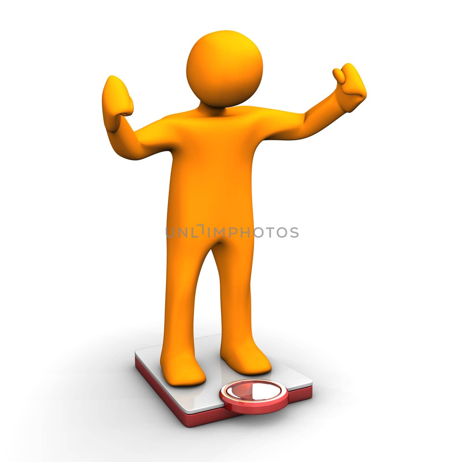 Orange slim and happy cartoon on scale,isolated on white