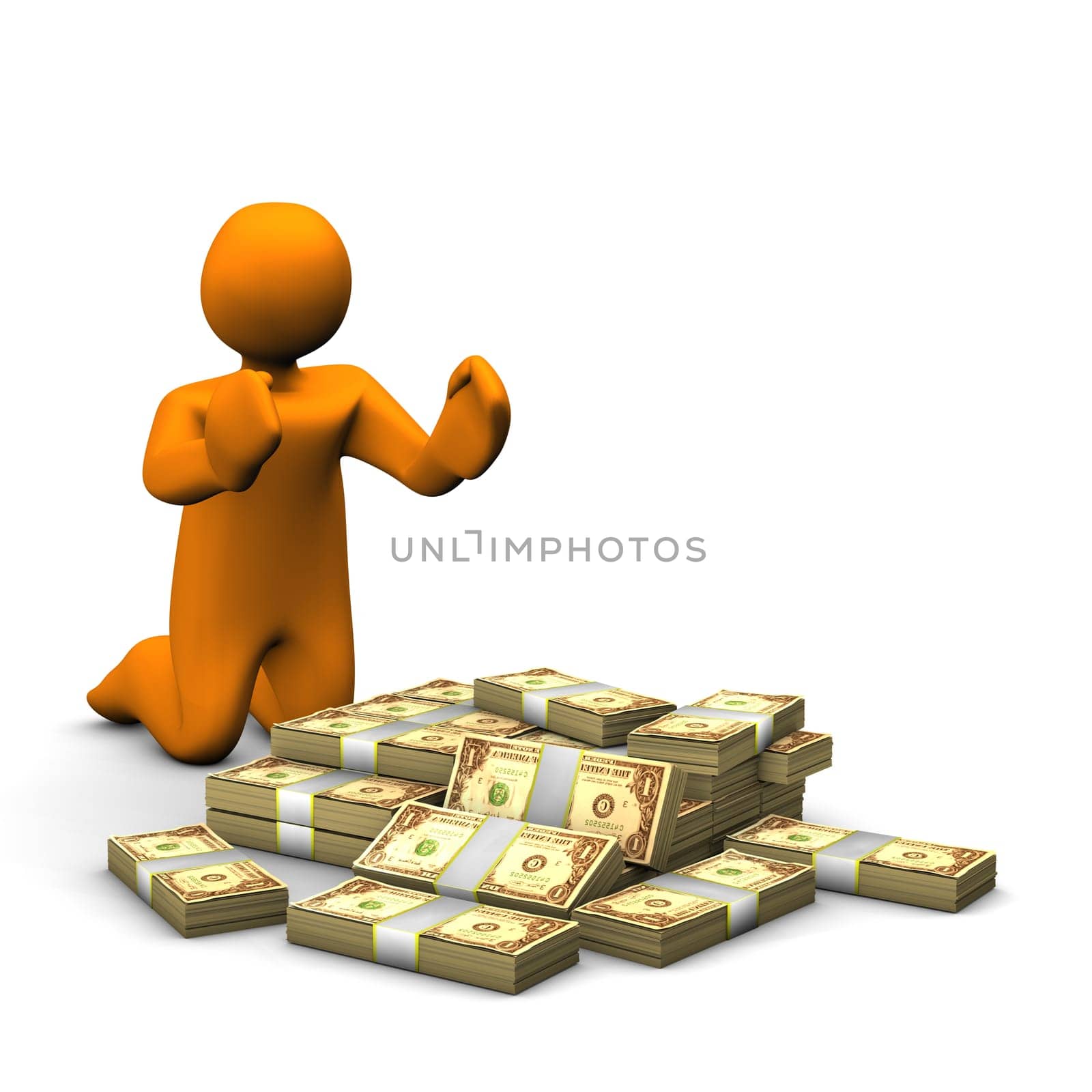 Orange cartoon with a lot of money isolated on white.