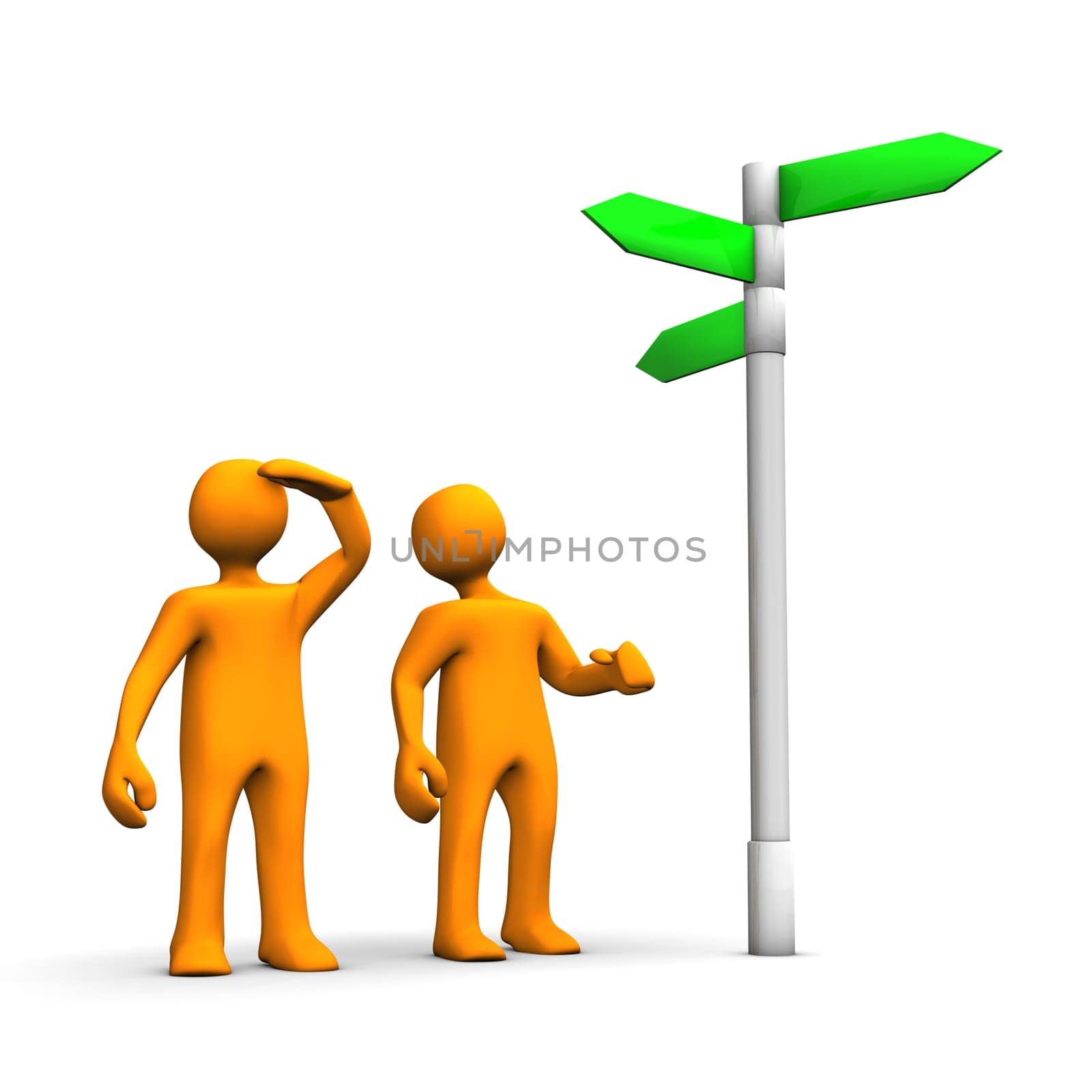 Two orange toons on the crossroad,isolated on white.