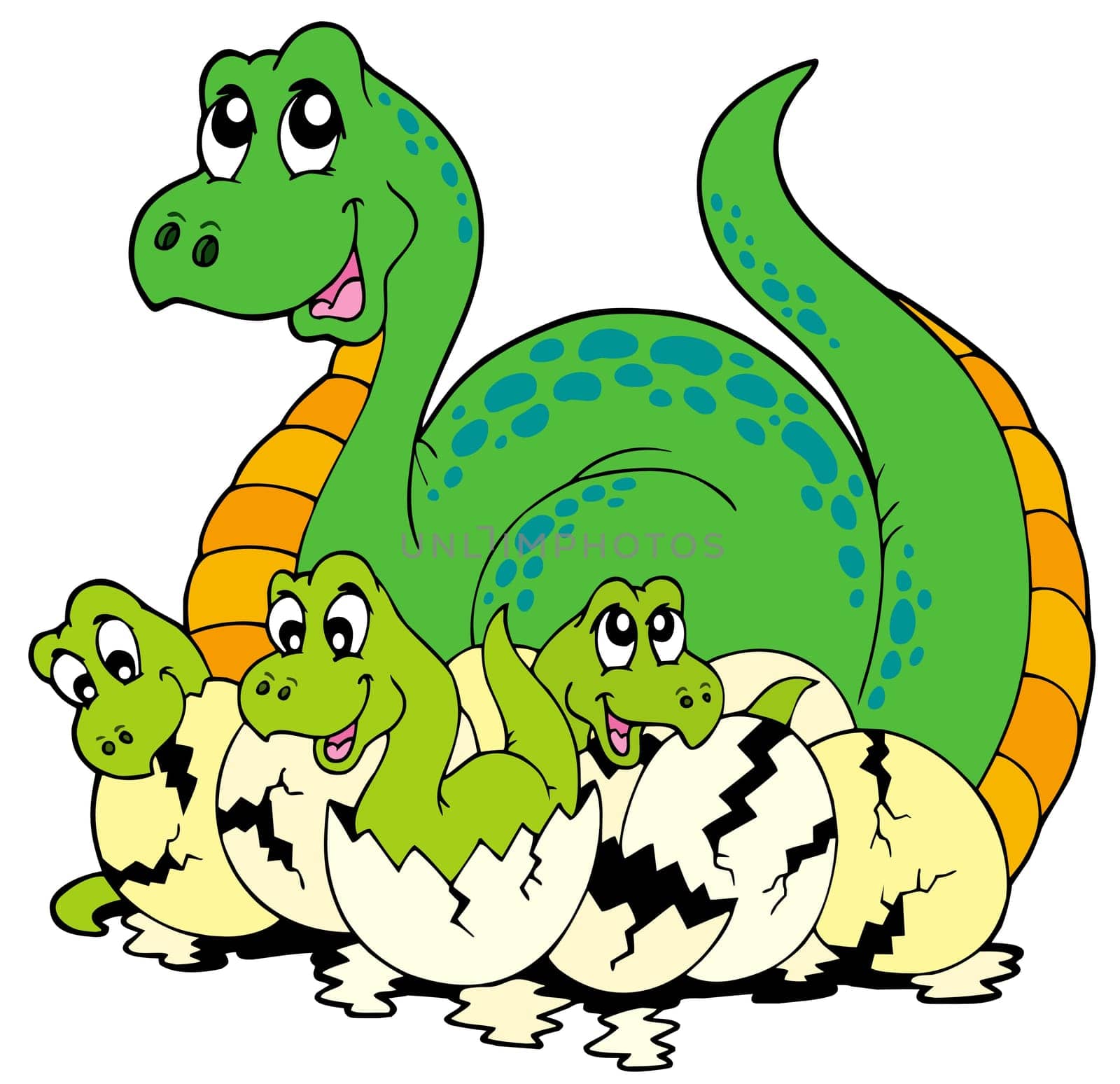 Dinosaur mom with cute babies - isolated illustration.
