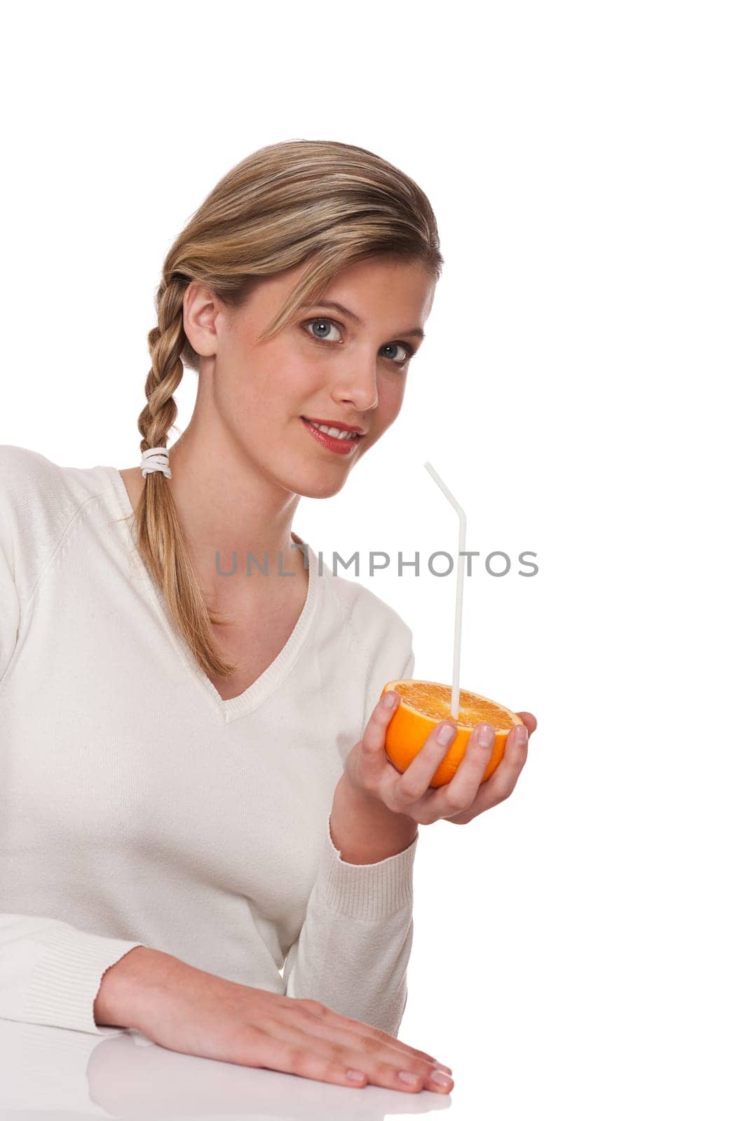 Woman with orange on white background