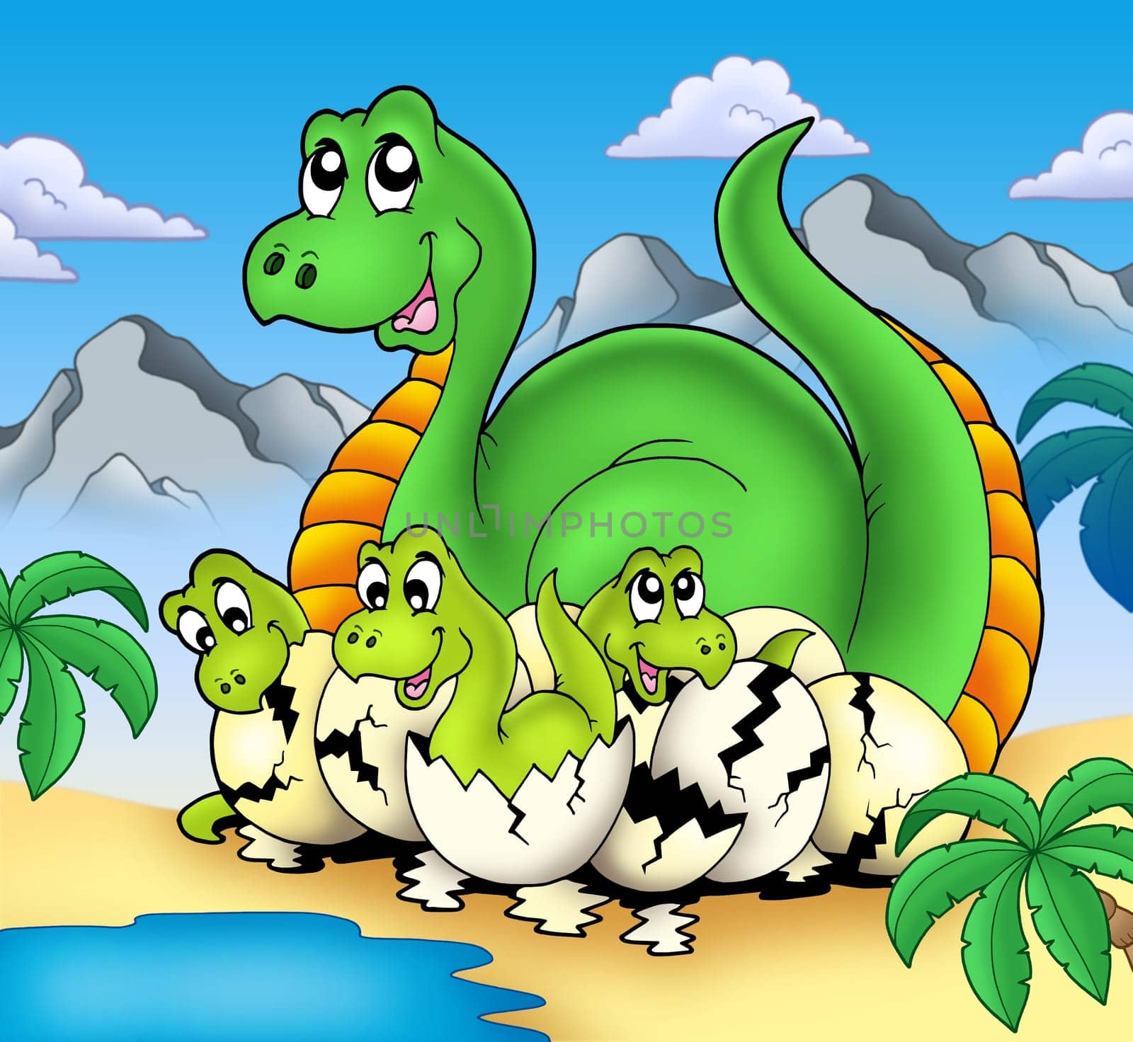 Dinosaur mom with little babies - color illustration.