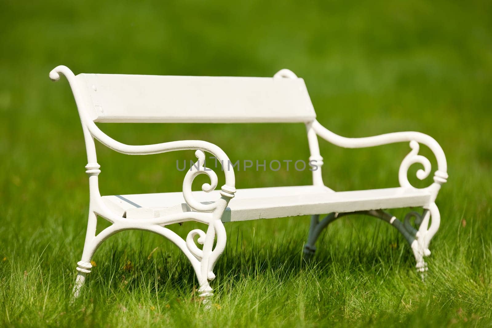 Spring and summer - White romantic bench in meadow on sunny day