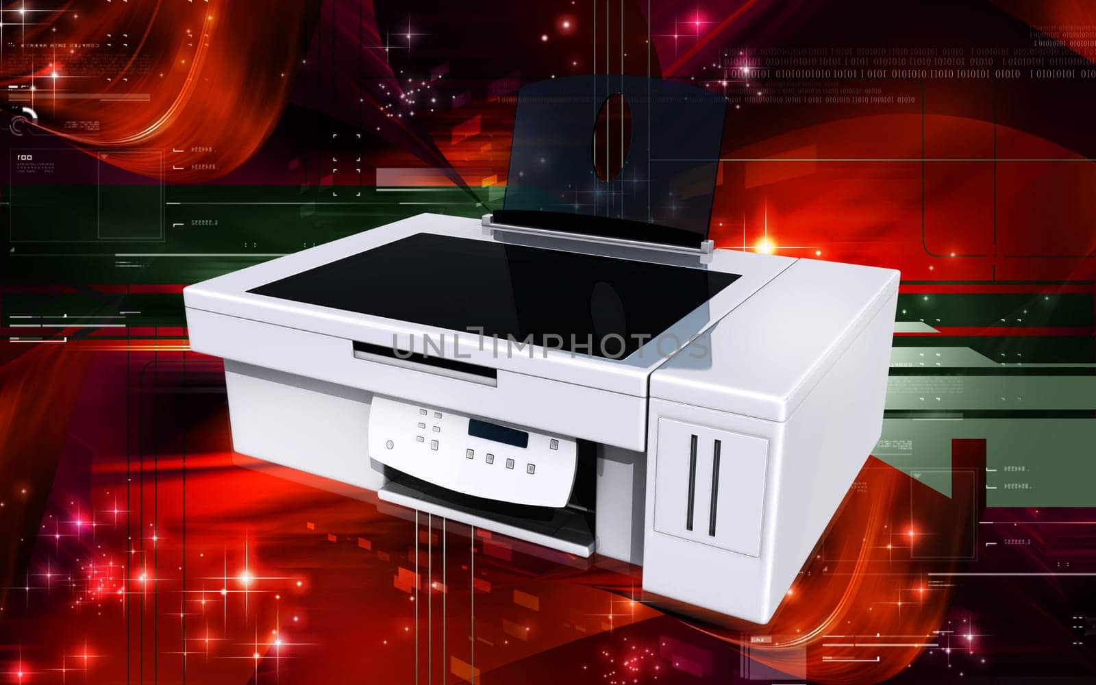 Digital illustration of printer in colour background