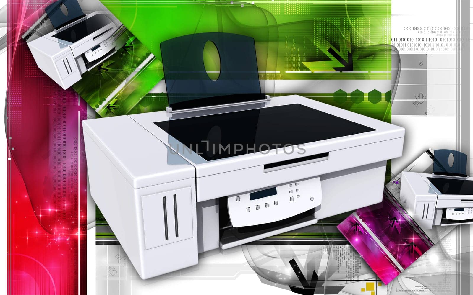 Digital illustration of printer in colour background