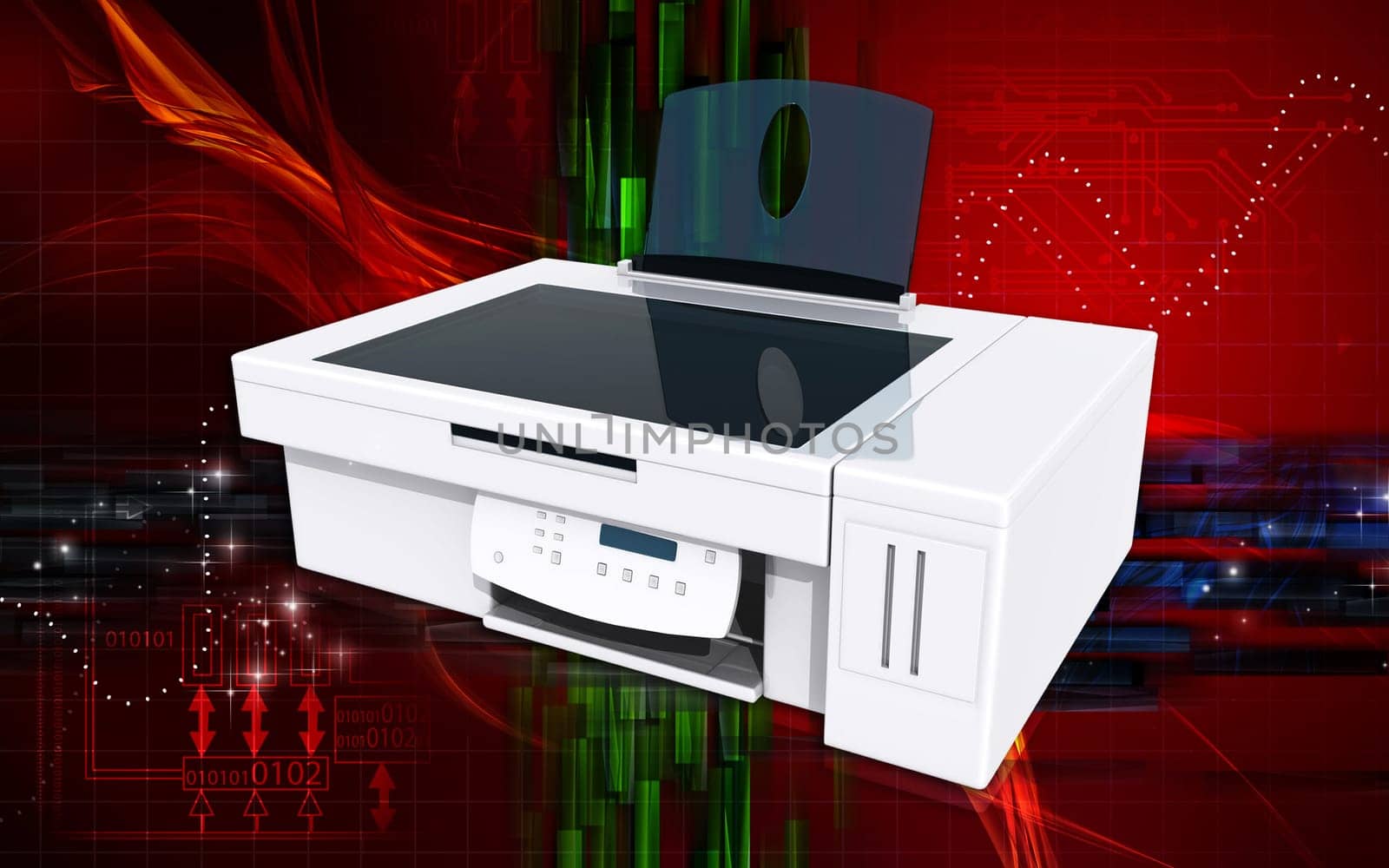 Digital illustration of printer in colour background