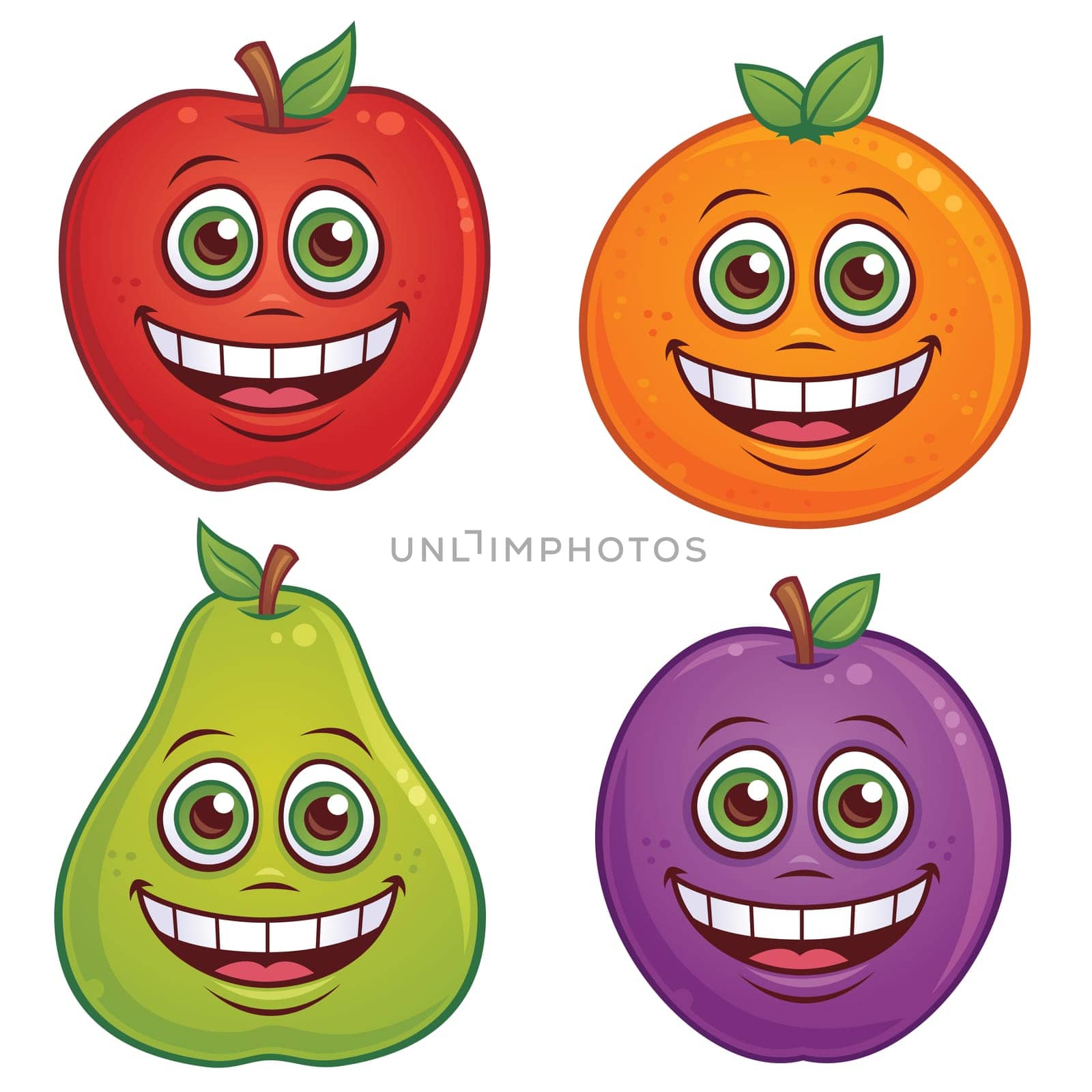 Vector cartoon illustration of fruit with smiling faces. Apple, orange, pear and plum characters included.