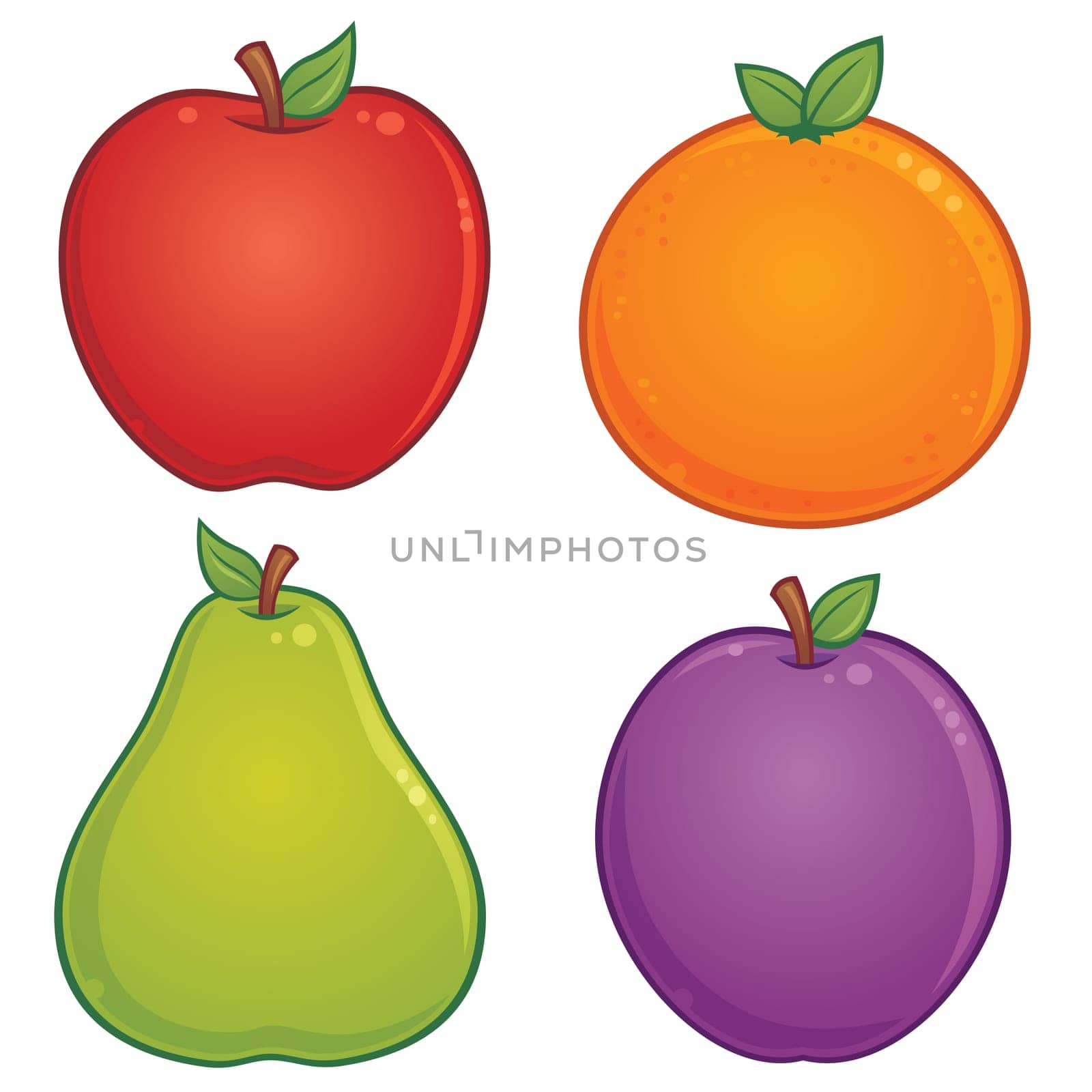 Vector cartoon illustration of various fruit. Apple, orange, pear and plum drawings included.