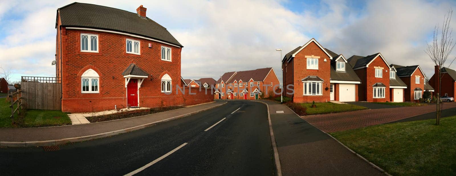 Housing estate in Cannock in England. Panoramic image of road and modern houses