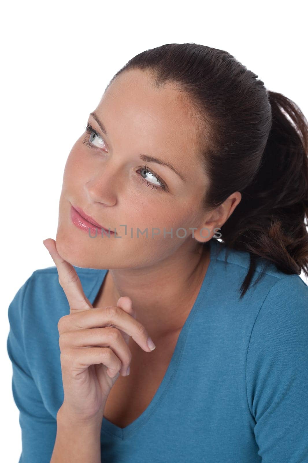 Beautiful woman thinking on white background