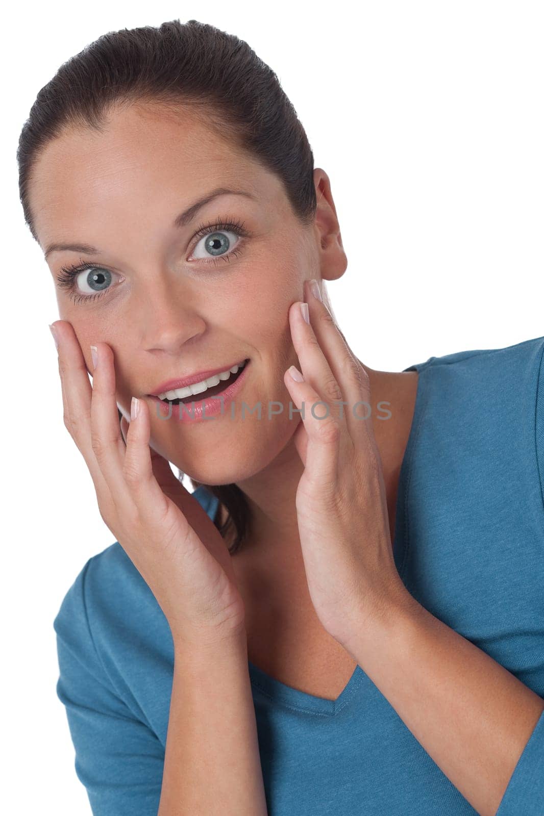 Surprised happy young woman in turquoise vest on white background