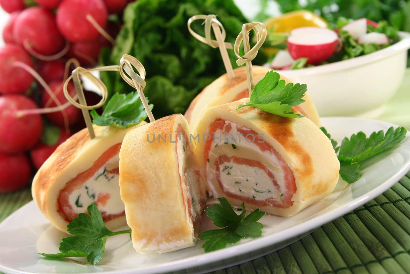 filled pancake with smoked salmon and herb cream cheese