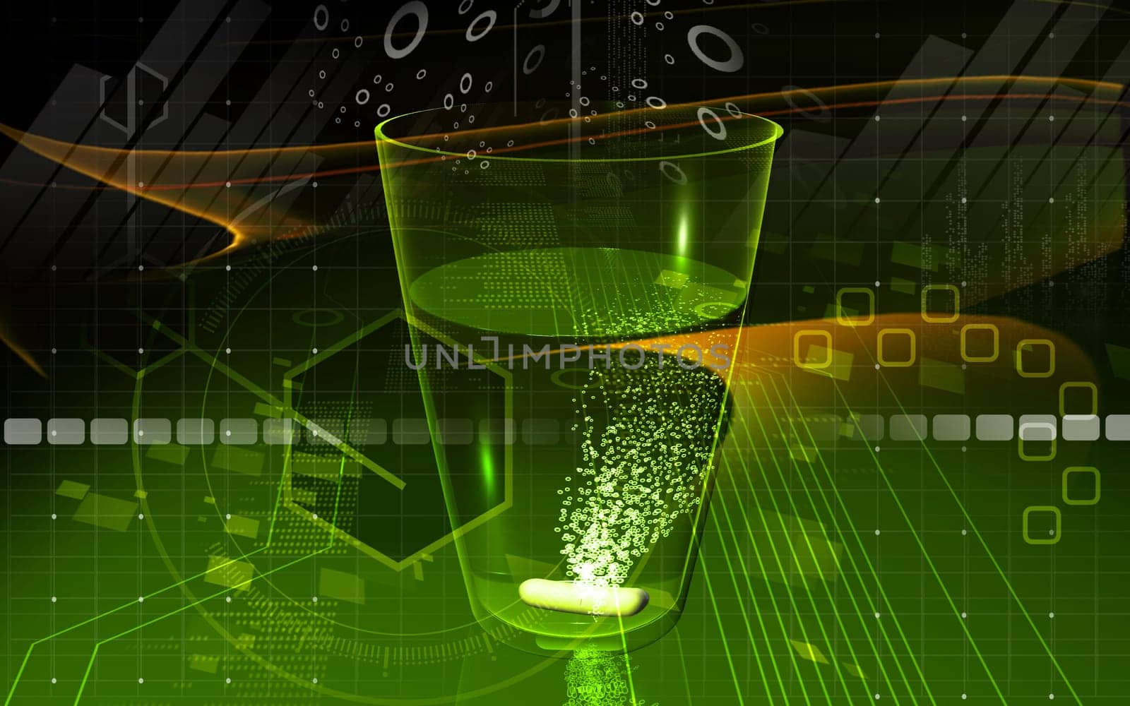 Digital illustration of glass of water in tablet in colour background