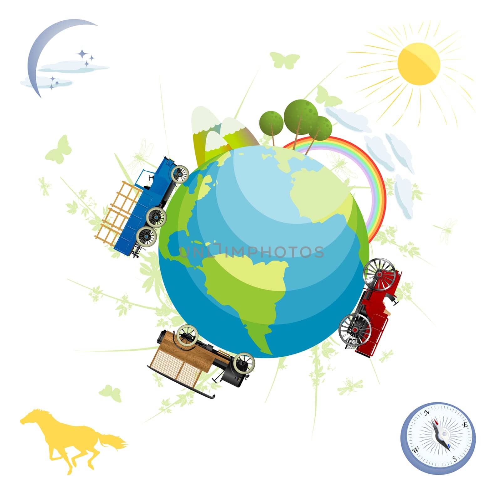 Conceptual scenery with green planet and transportation elements, isolated and grouped objects over white background