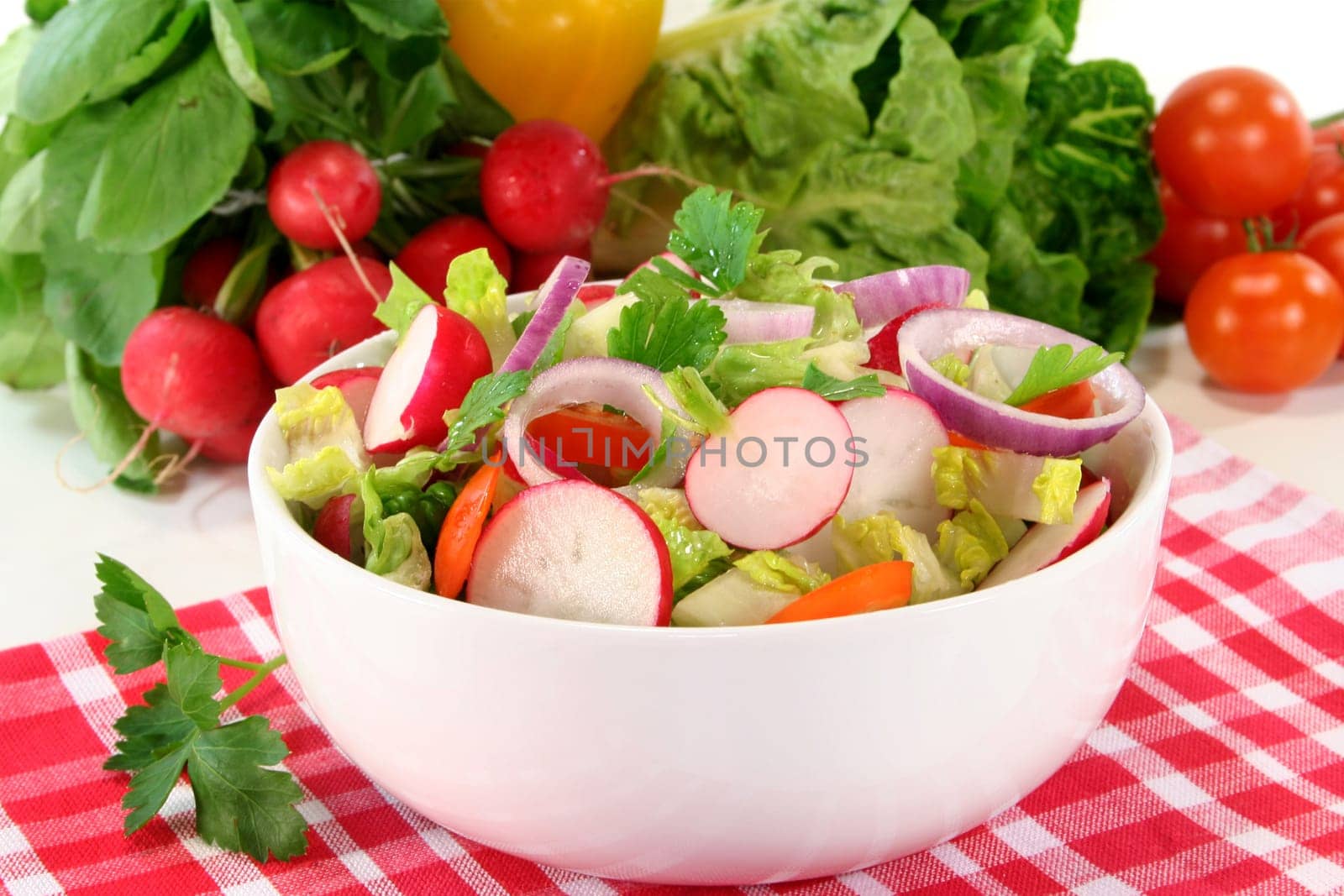 mixed salad with lettuce hearts,tomato and radishes