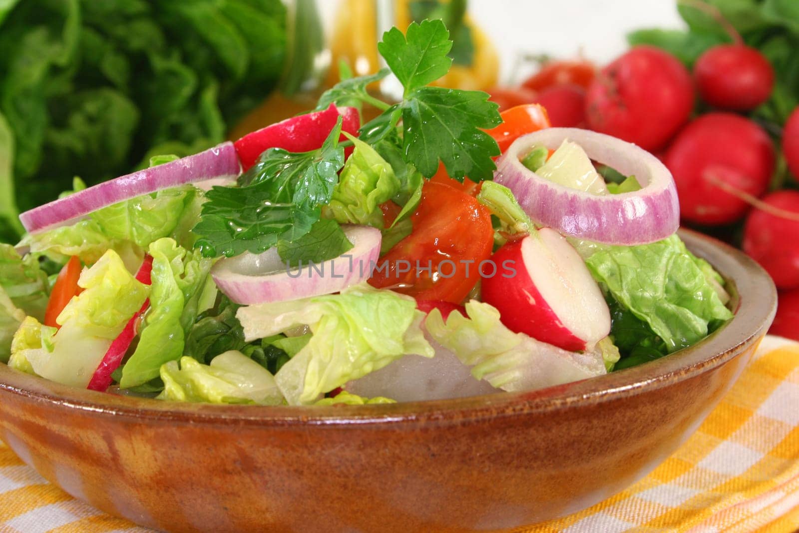 mixed salad with lettuce hearts,tomato and radishes