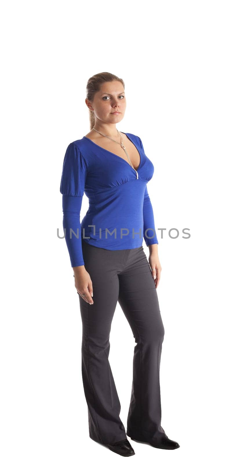 Young woman stand in casual dress isolated