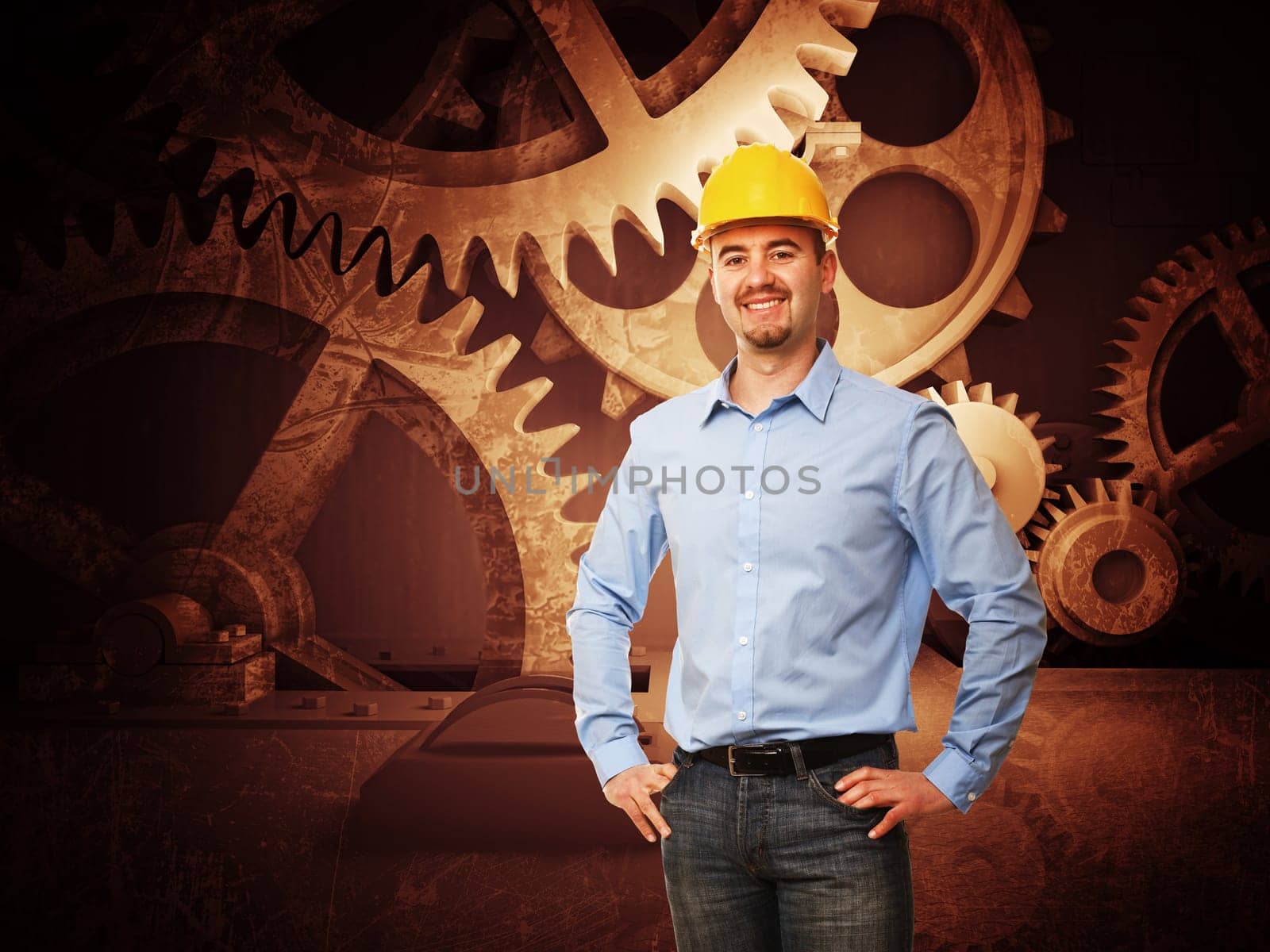 fine 3d image of grunge metal gear and smiling engineer
