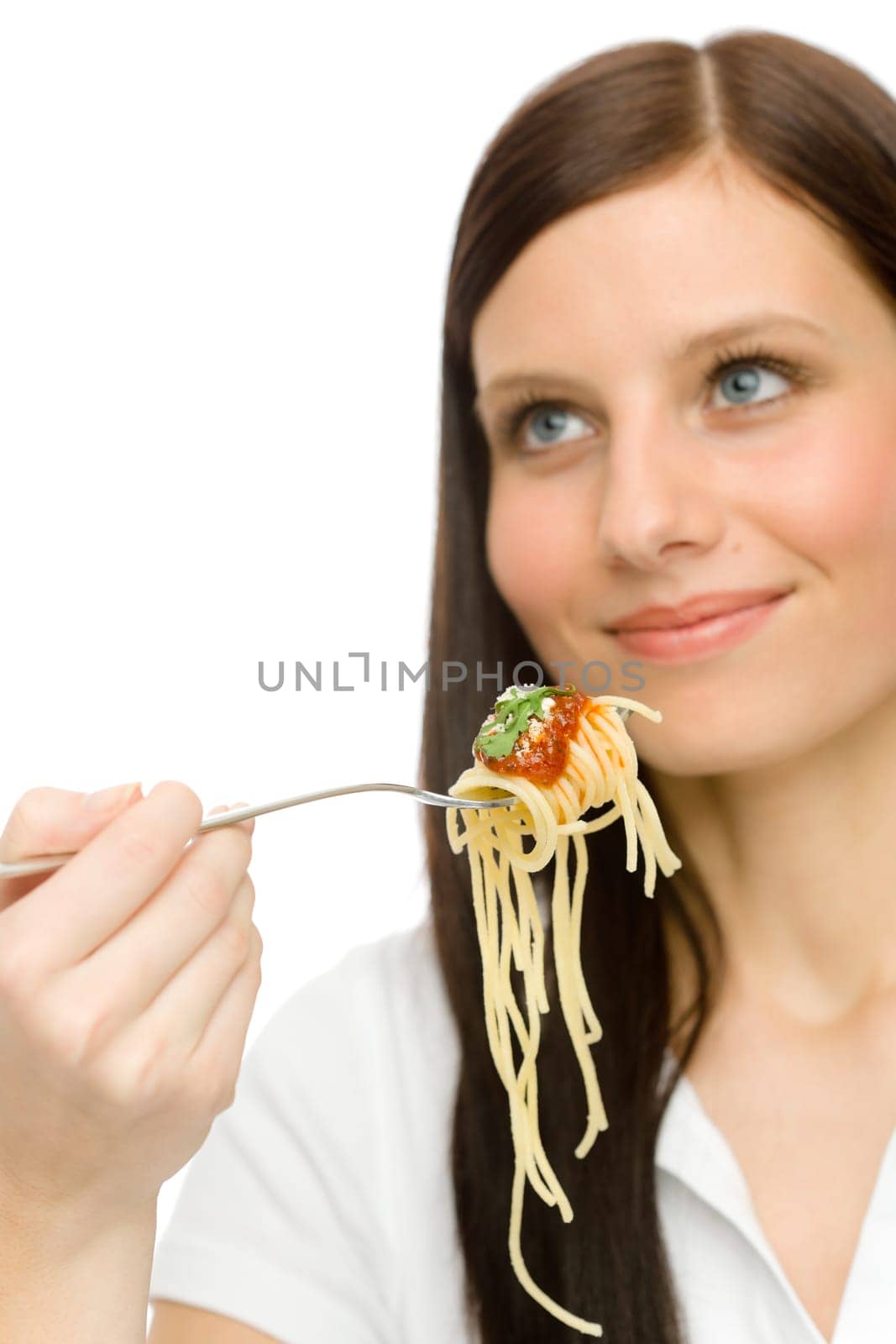 Italian food - portrait of healthy woman eat spaghetti with sauce