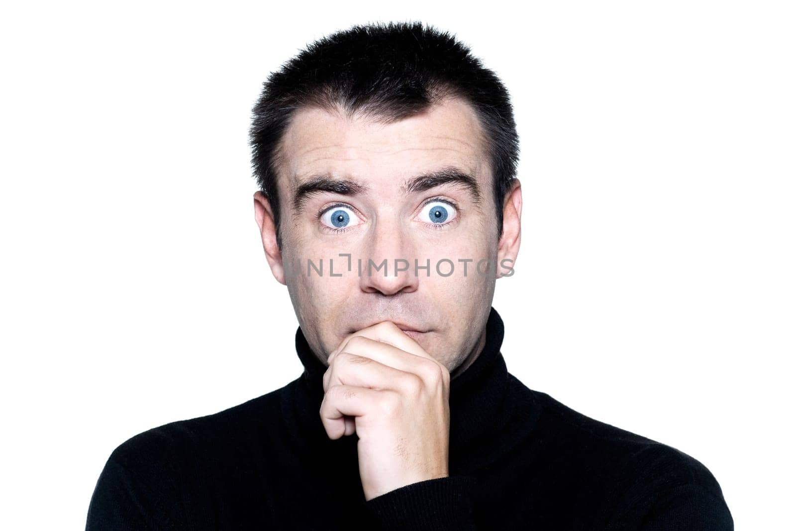 caucasian man portrait anxious surprise shock portrait on studio isolated white background