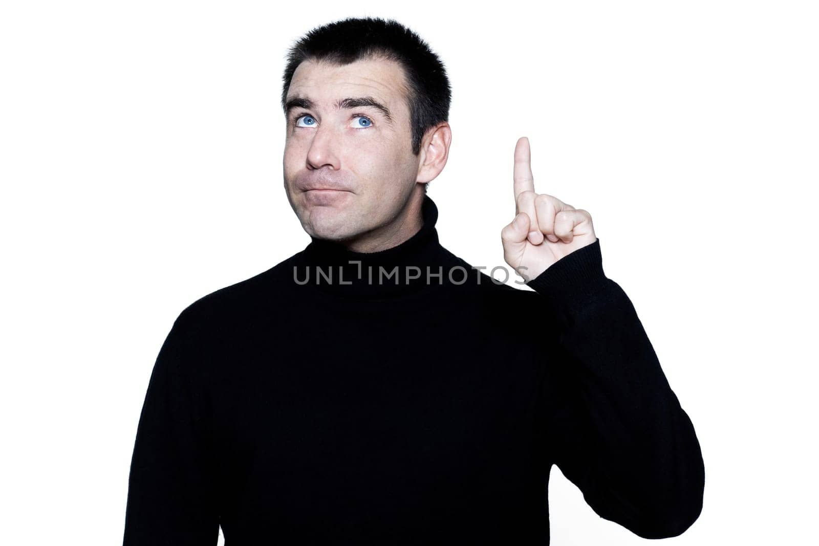 handsome caucasian man smiling short brown with polo turtle neck hair blue eyes portrait expressing portrait on studio isolated white background