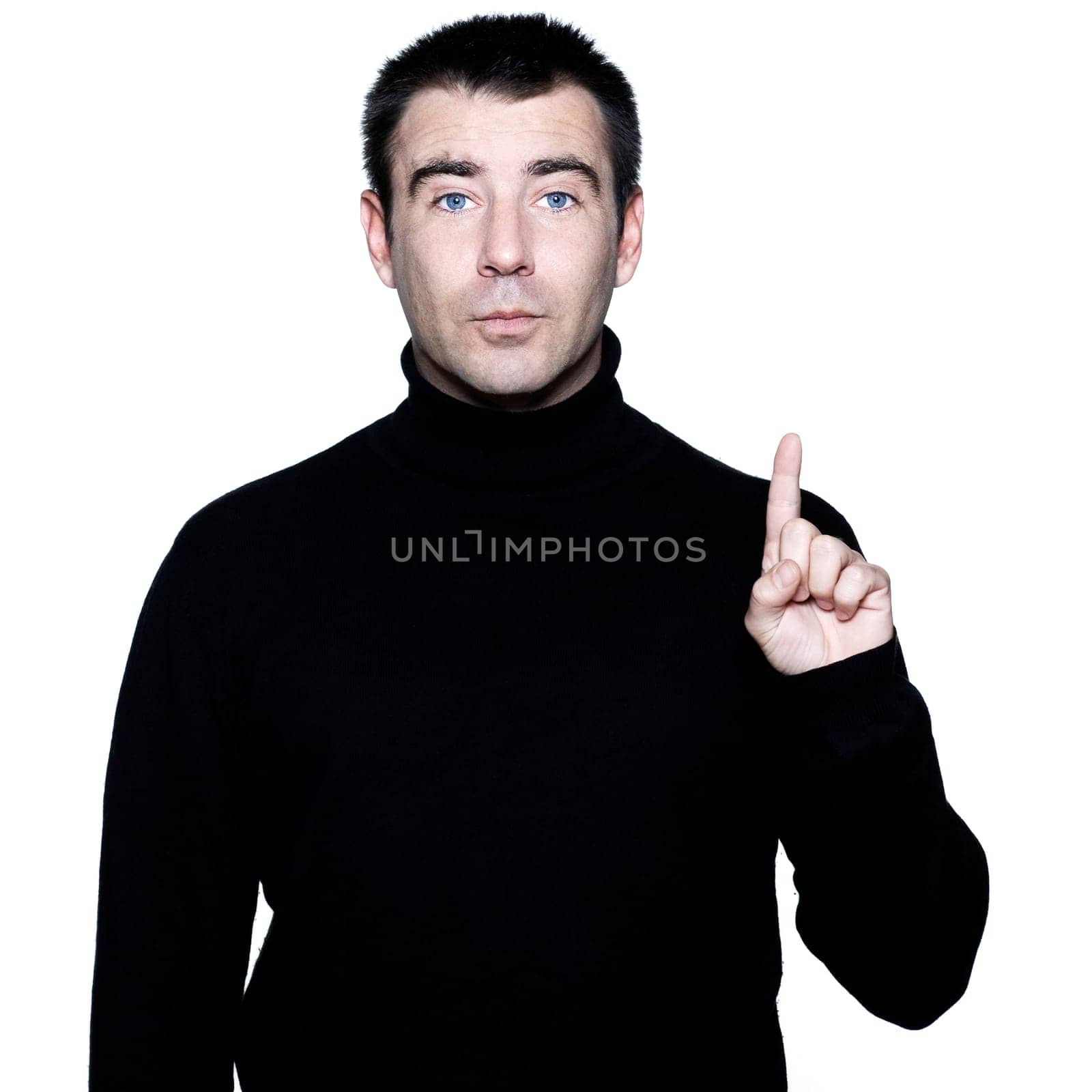 caucasian man portrait introducing polite portrait on studio isolated white background