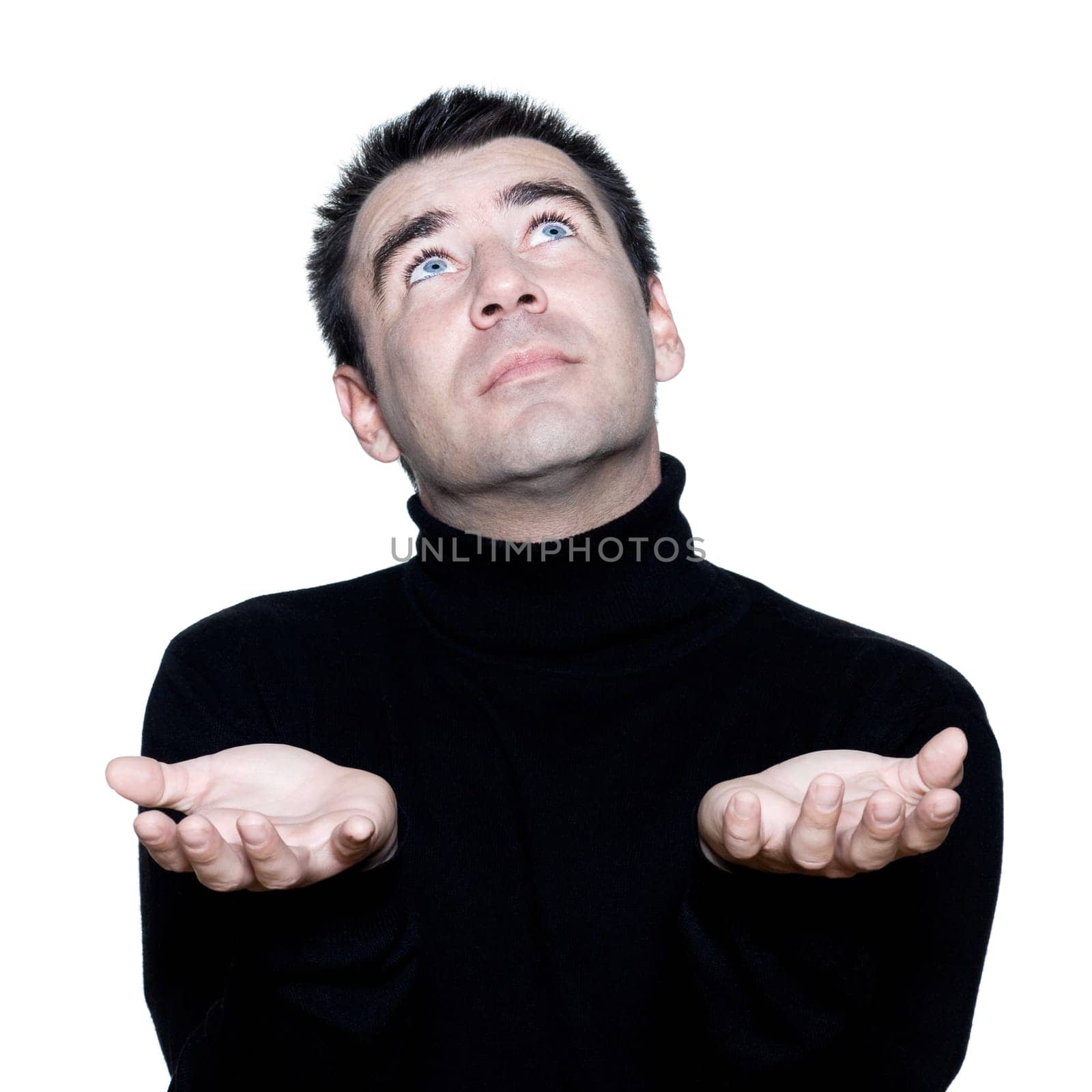 caucasian man portrait ponder praying looking up portrait on studio isolated white background