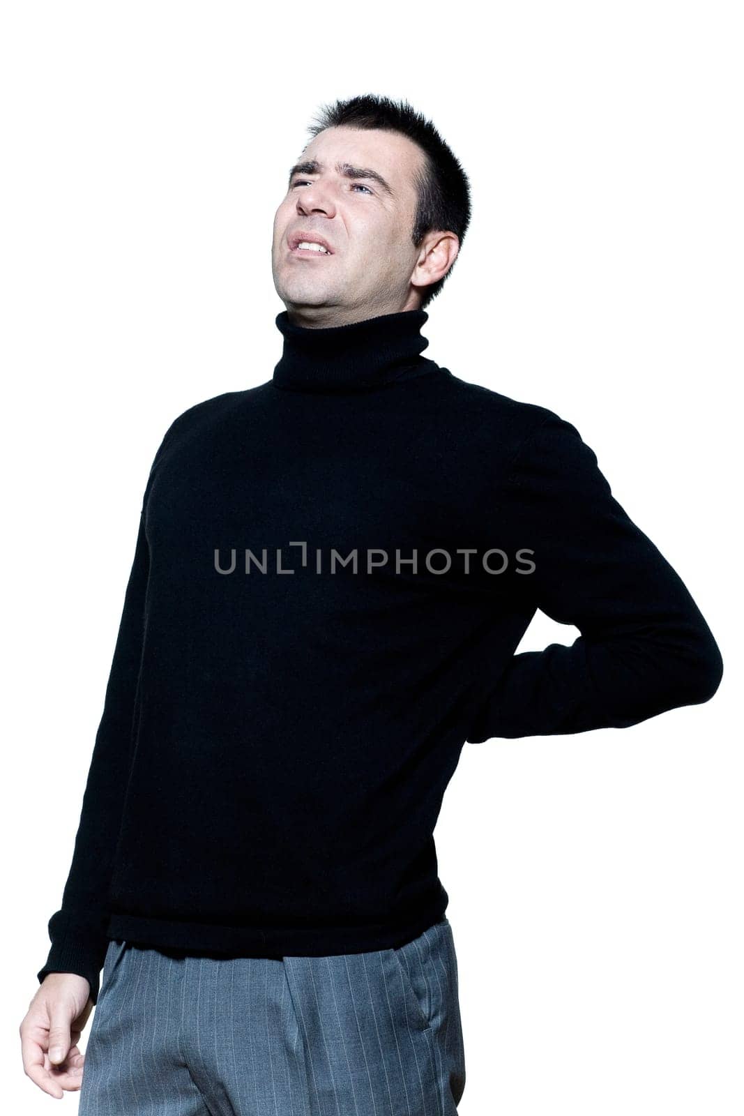 caucasian man portrait backache pain portrait on studio isolated white background