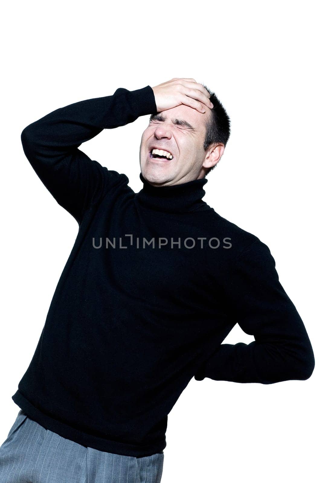 caucasian man portrait backache pain portrait on studio isolated white background