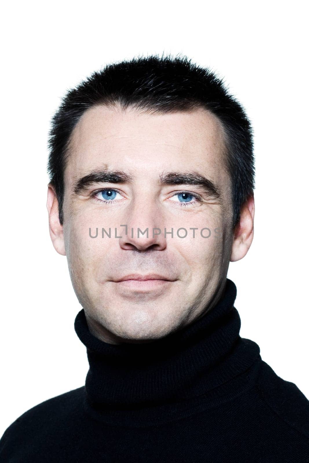 handsome caucasian man smiling short brown with polo turtle neck hair blue eyes portrait expressing portrait on studio isolated white background
