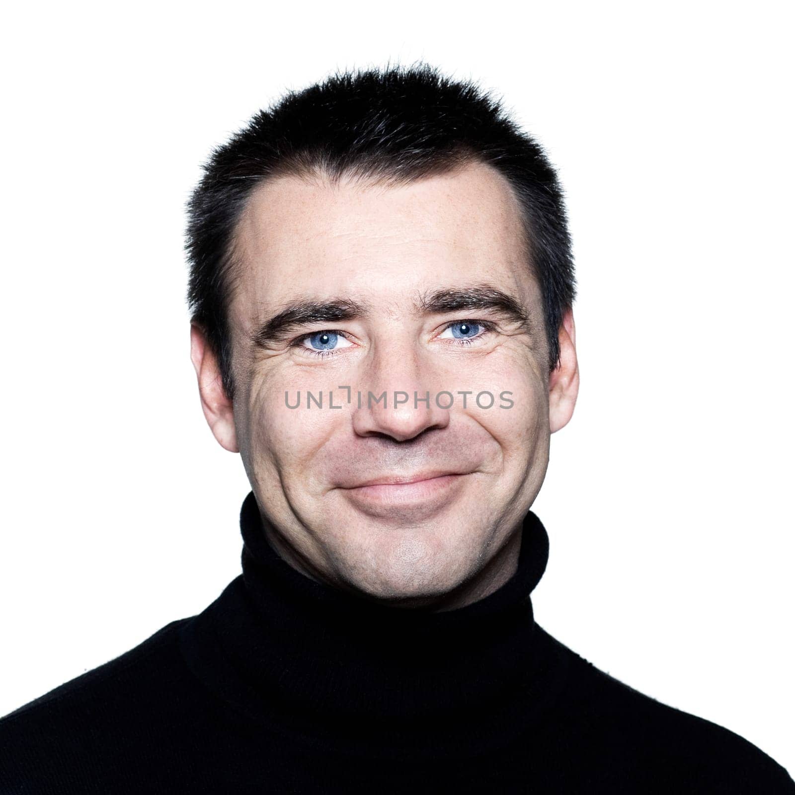 handsome caucasian man smiling short brown with polo turtle neck hair blue eyes portrait expressing portrait on studio isolated white background