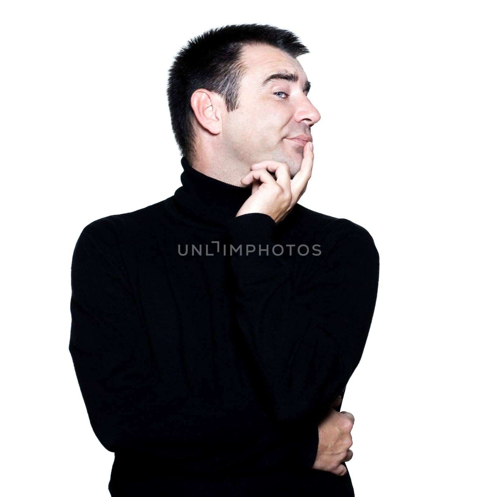 caucasian man portrait hinking pensive attitude portrait on studio isolated white background