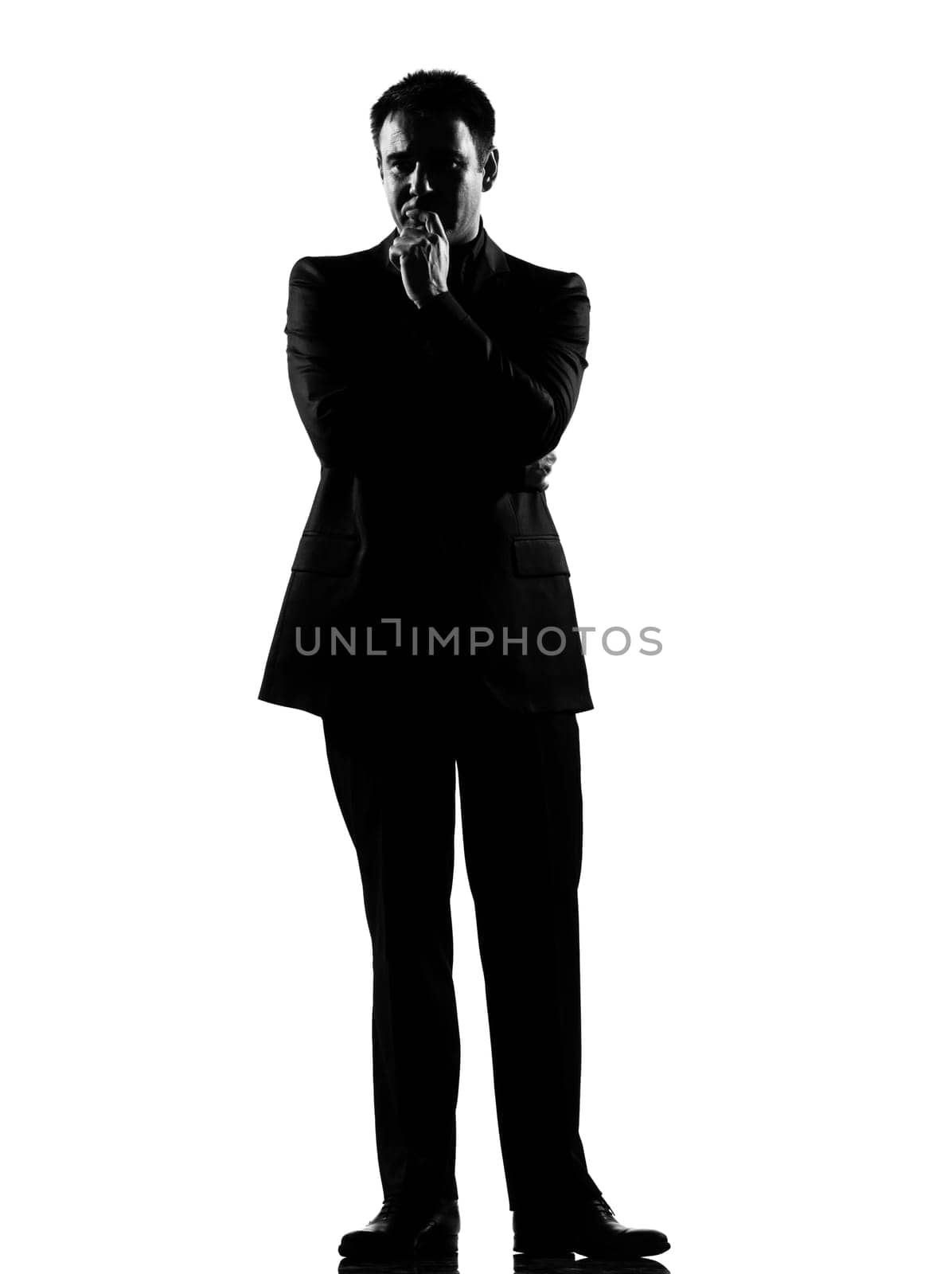 silhouette caucasian business man   thinking pensive expressing behavior full length on studio isolated white background
