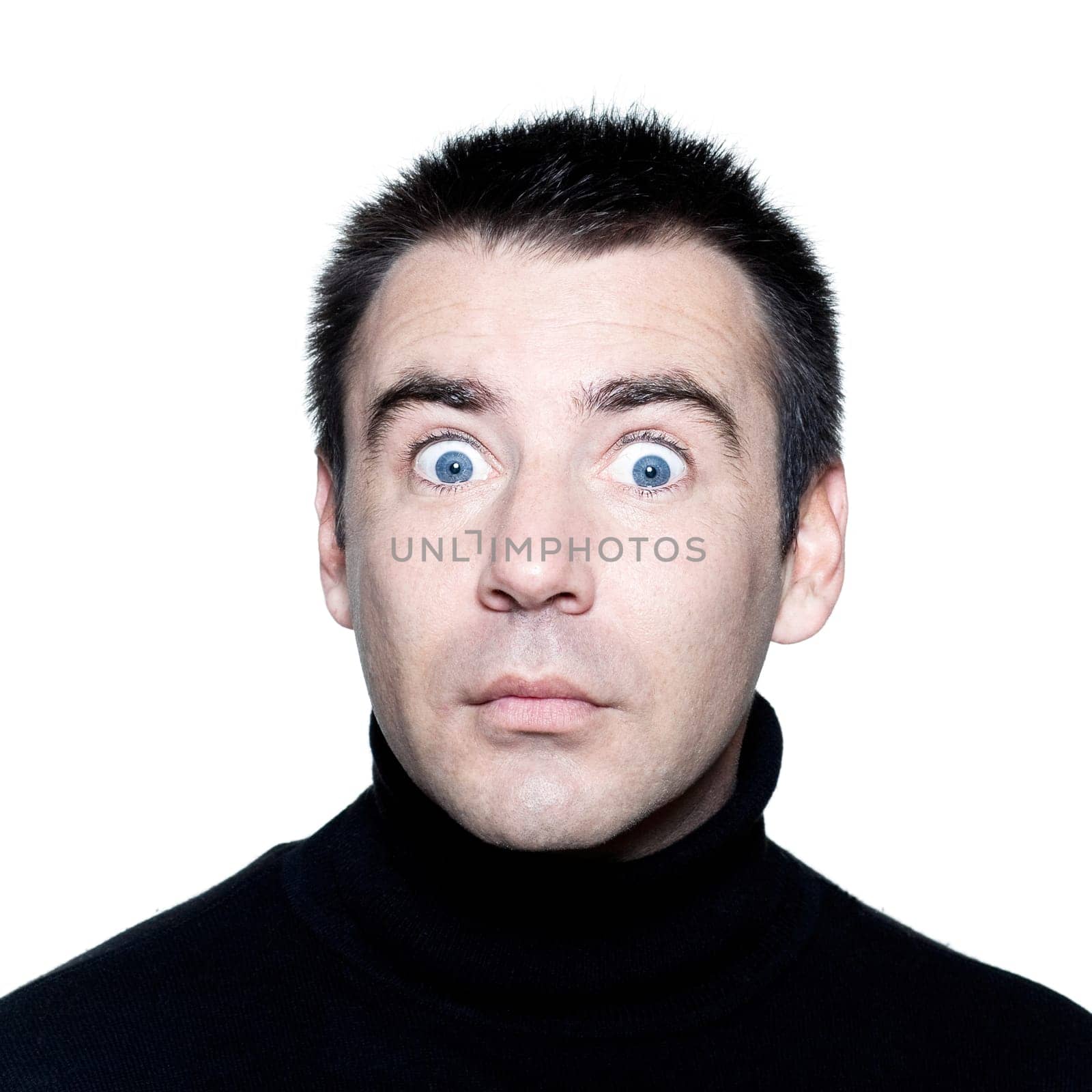 caucasian man stun surprised startle  portrait expressing portrait on studio isolated white background
