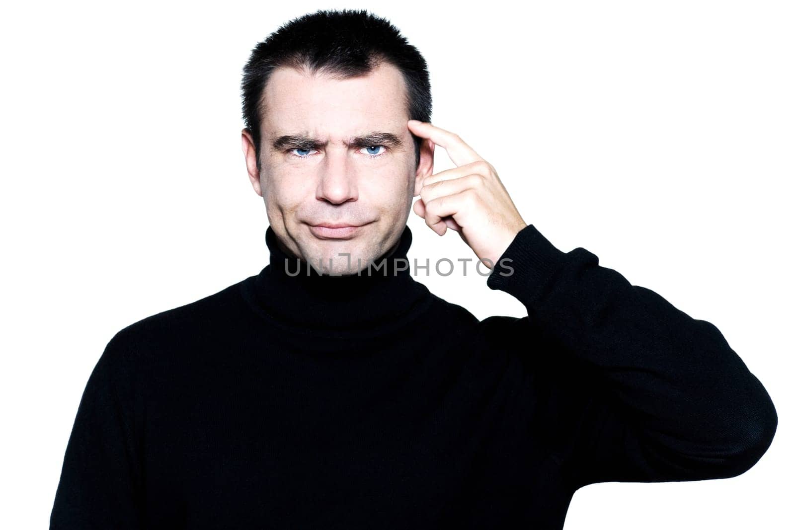 caucasian man portrait expressing sullen stupidity portrait on studio isolated white background