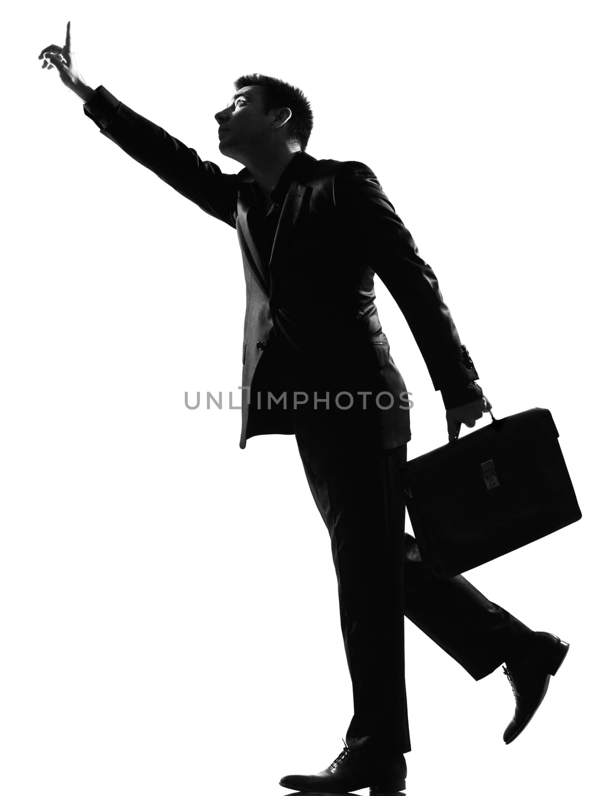 silhouette caucasian business man  running hailing full length on studio isolated white background