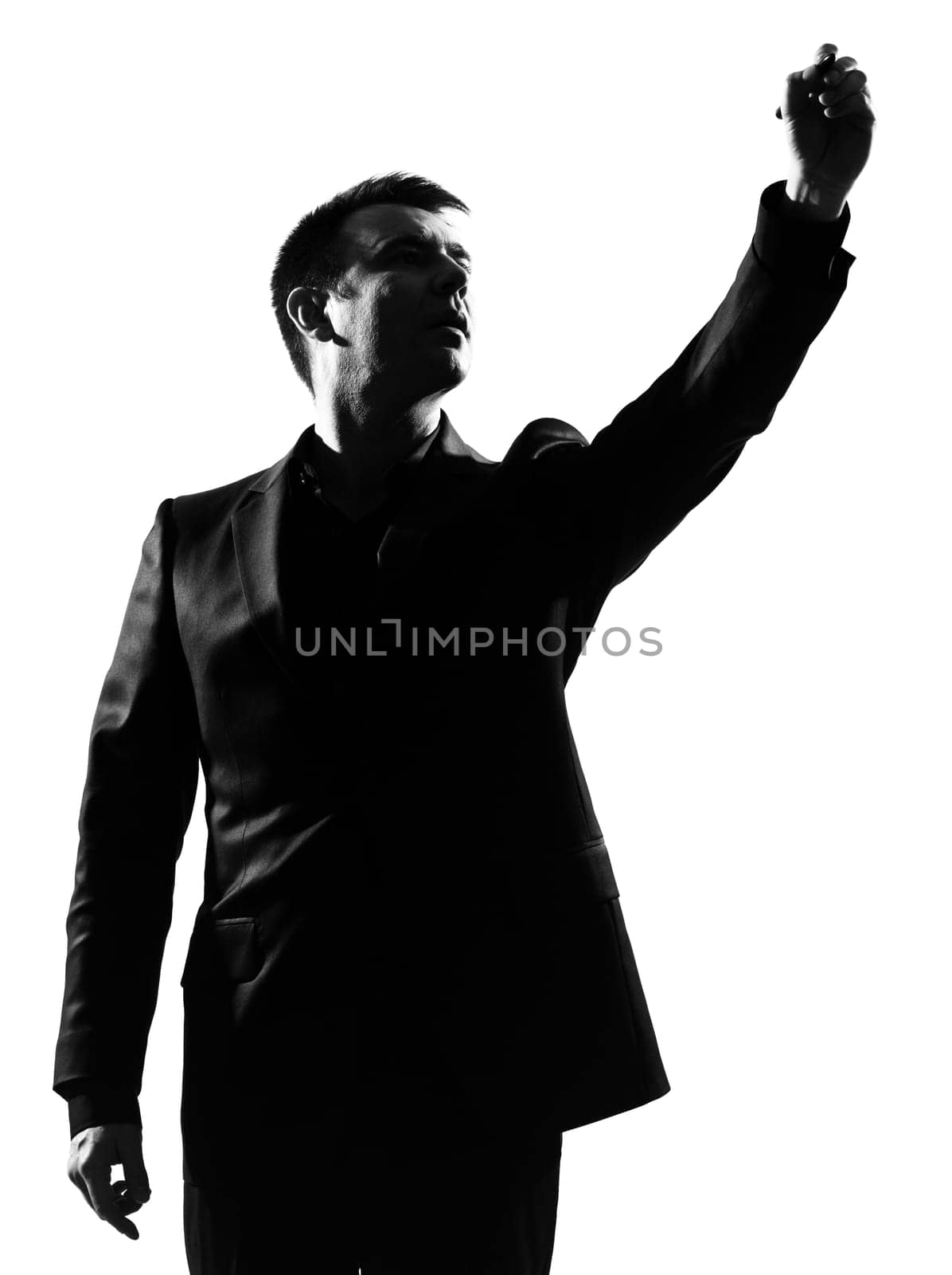 silhouette caucasian business man  expressing behavior full length on studio isolated white background