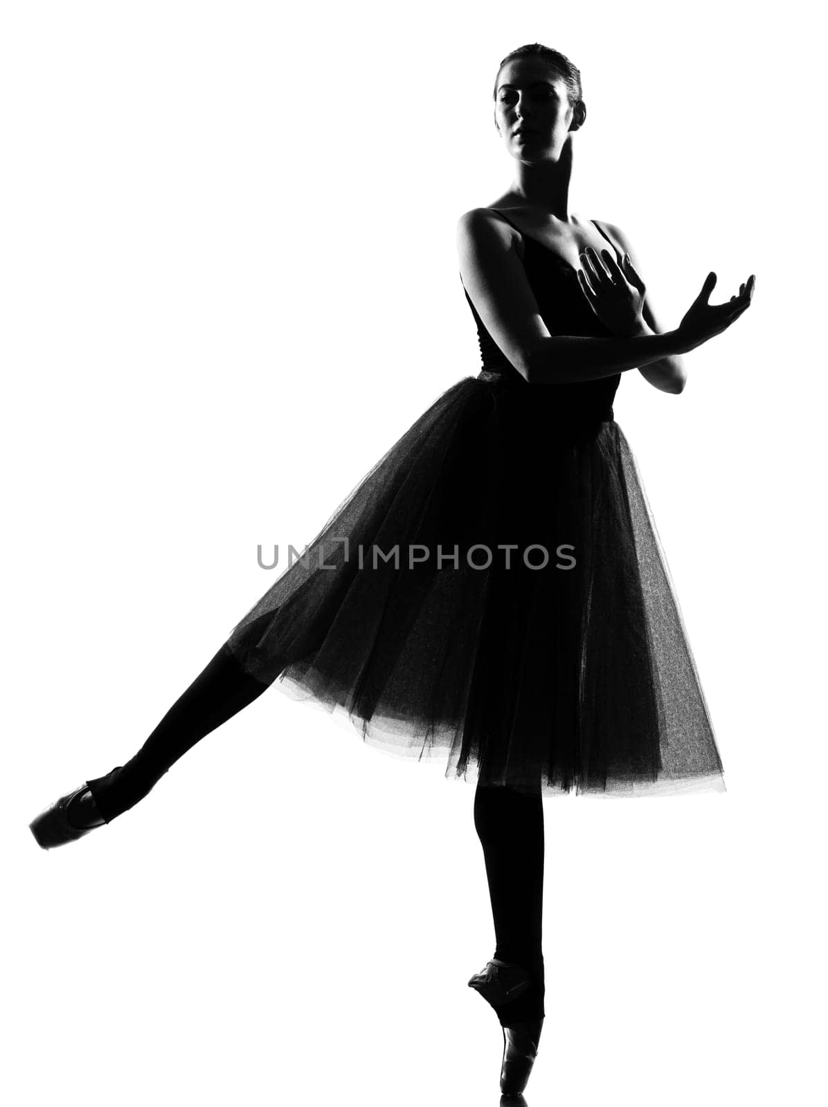 beautiful caucasian tall woman ballet dancer standing pose  full length on studio isolated white background