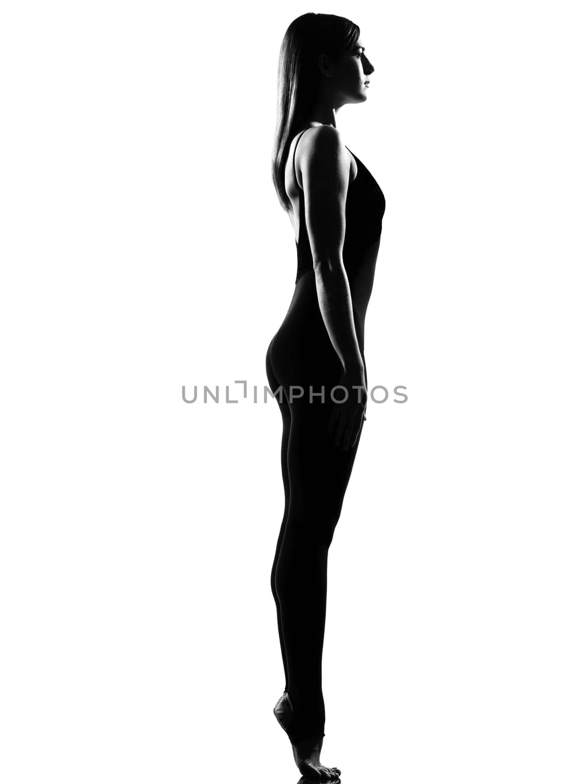 beautiful caucasian tall woman ballet dancer standing pose  full length on studio isolated white background