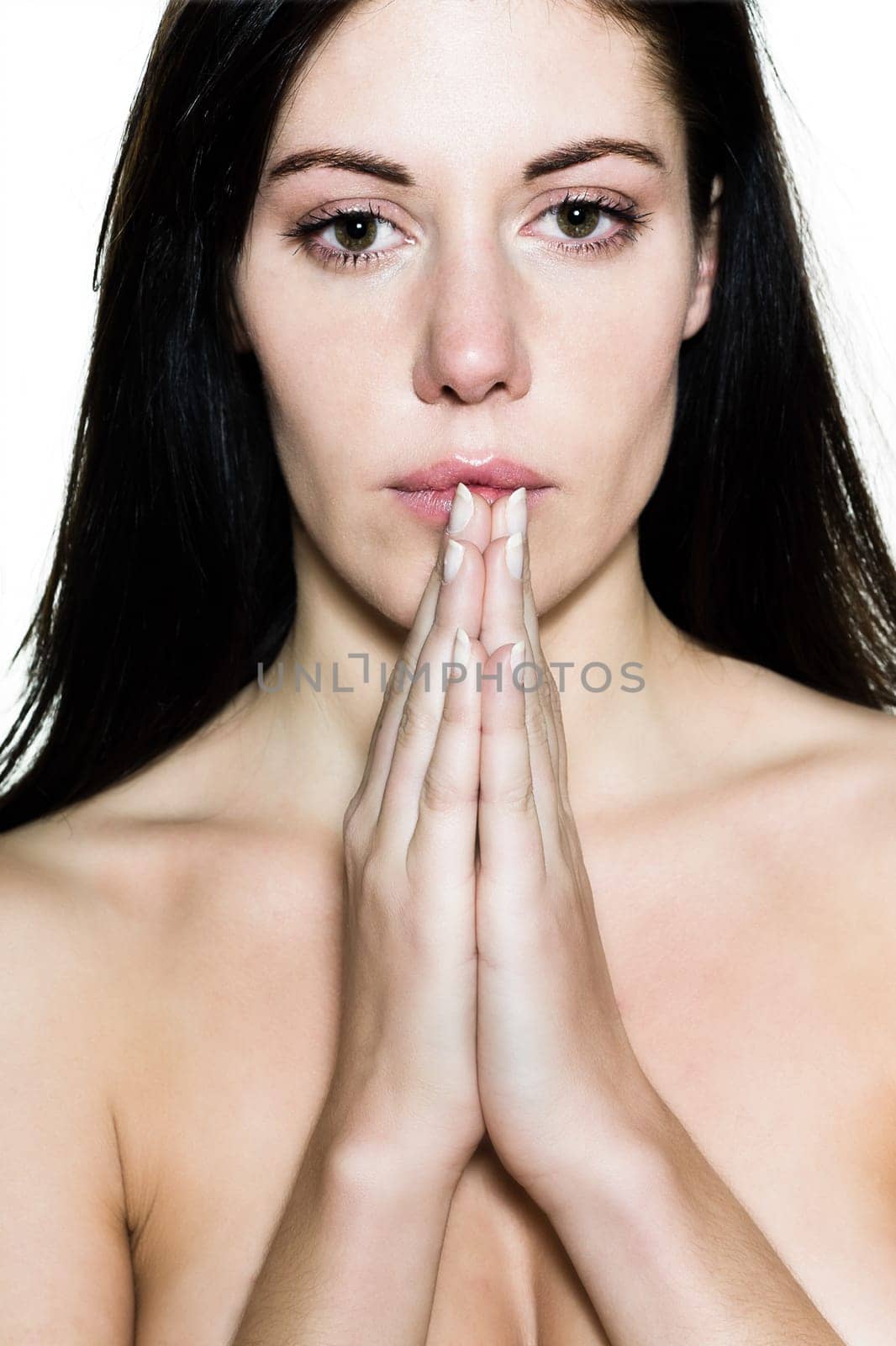 beautiful caucasian woman crying despair topless portrait on studio isolated white background