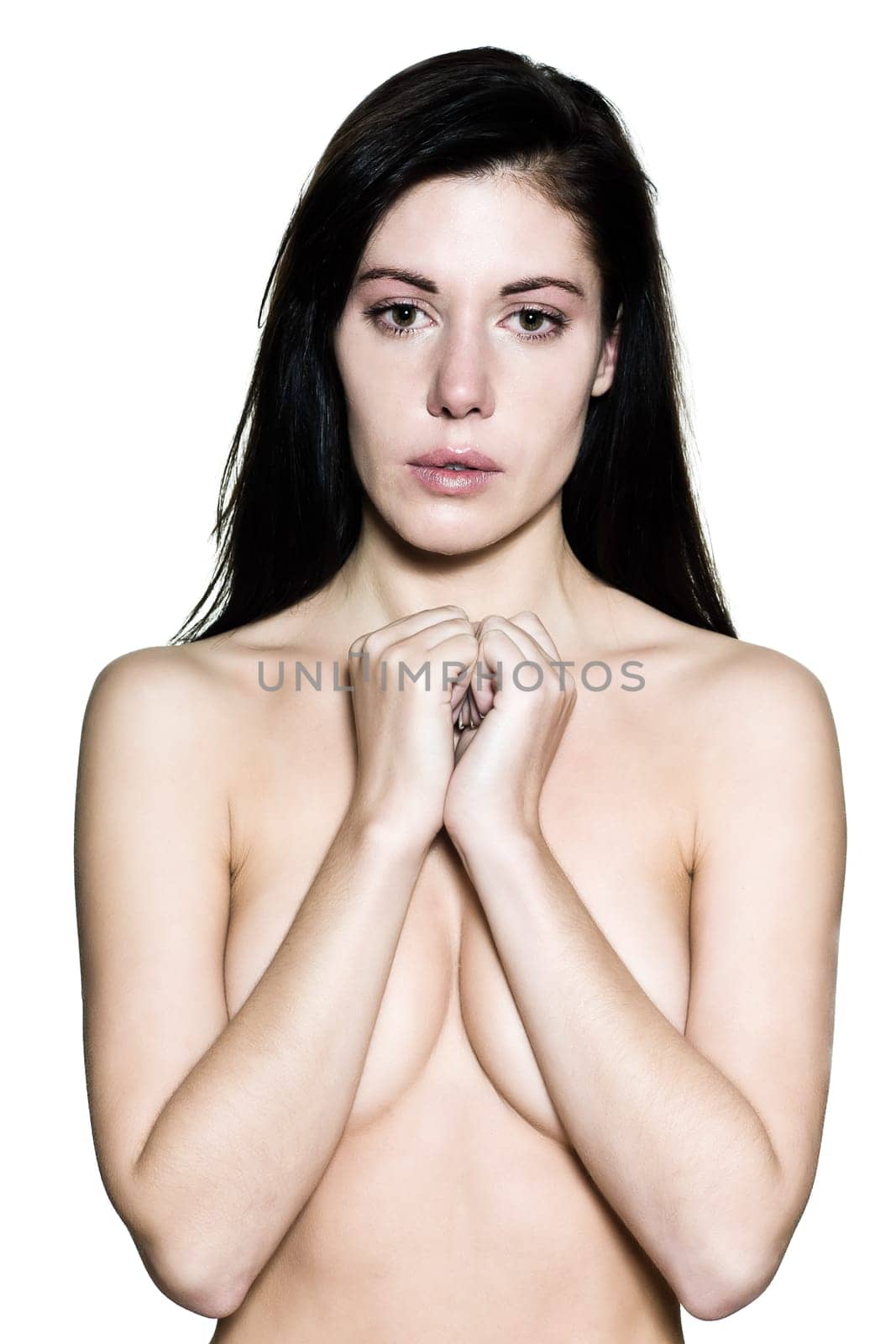 beautiful caucasian woman crying despair topless portrait on studio isolated white background