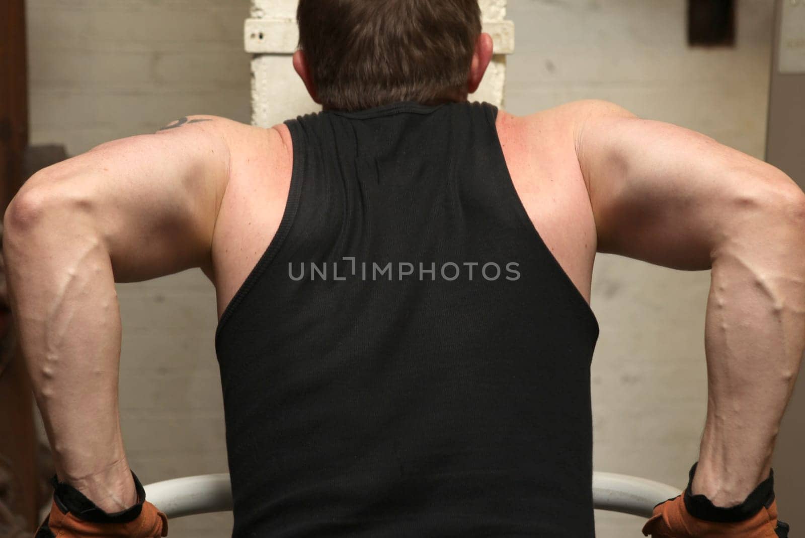 training biceps and triceps in gym. man exercise lifting himself showing muscles
