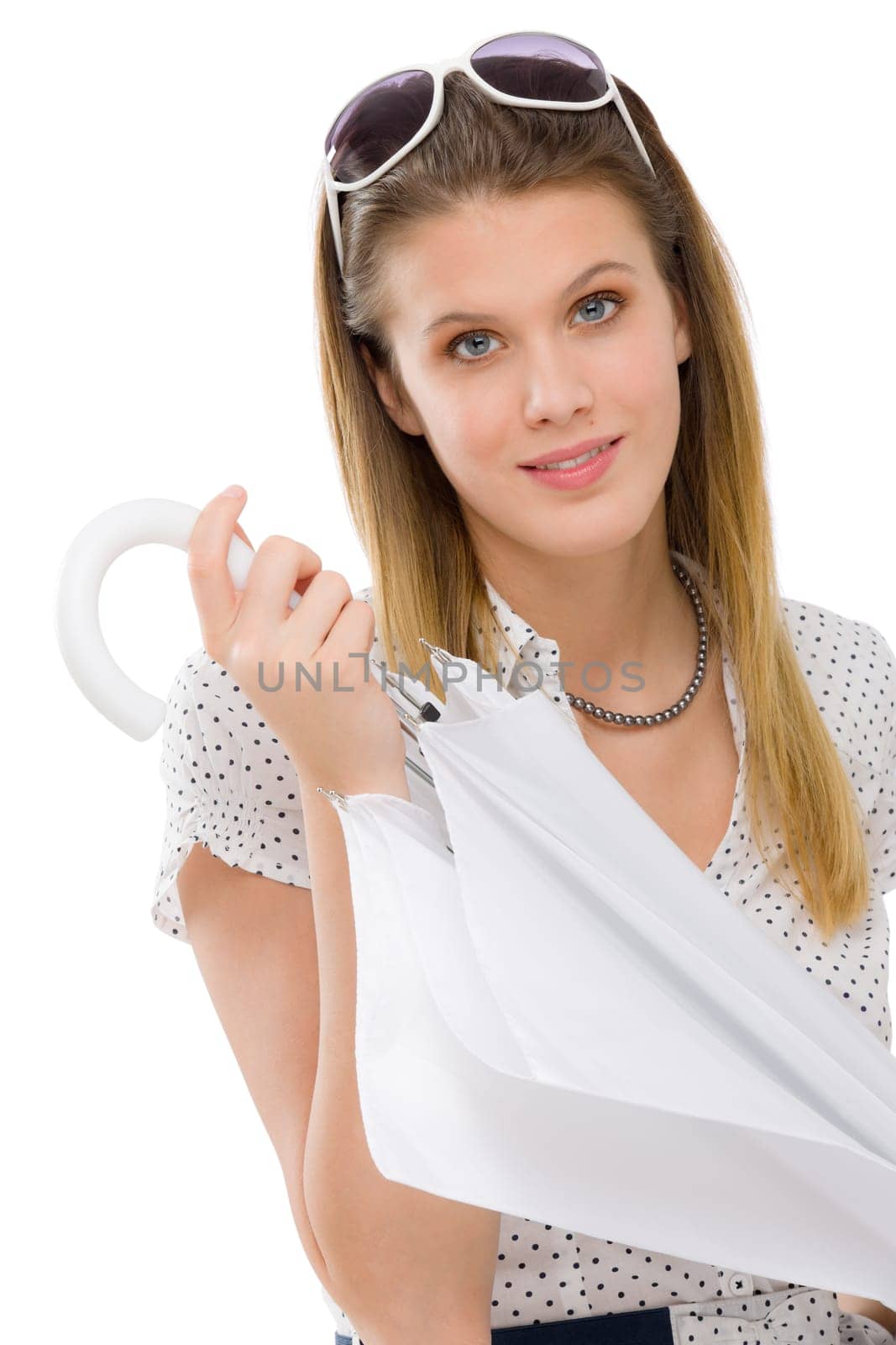 Fashion model - young woman hold umbrella in summer designer clothes