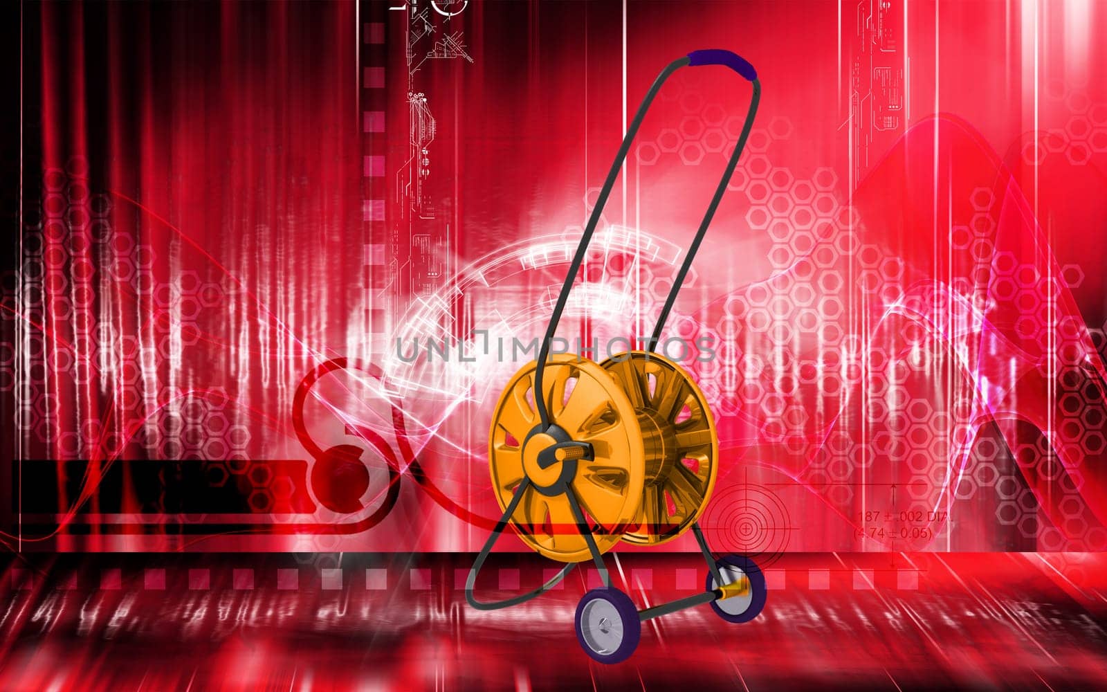 Digital illustration of hose reel trolley in colour background