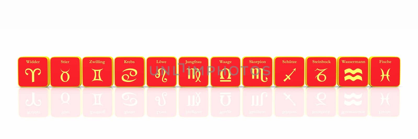 Zodiac Sign in Row Red Gold on White 01
