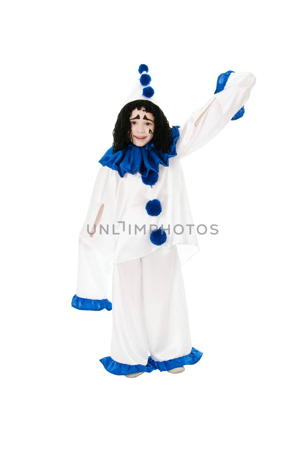 child in costume Pierrot  isolated on white background