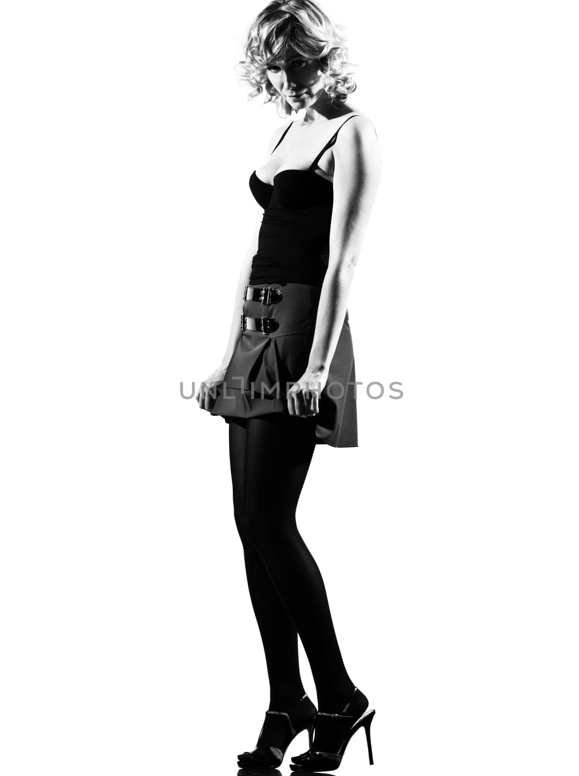 stylish silhouette caucasian beautiful woman sexy  attitude behavior clothes full length on studio isolated white background