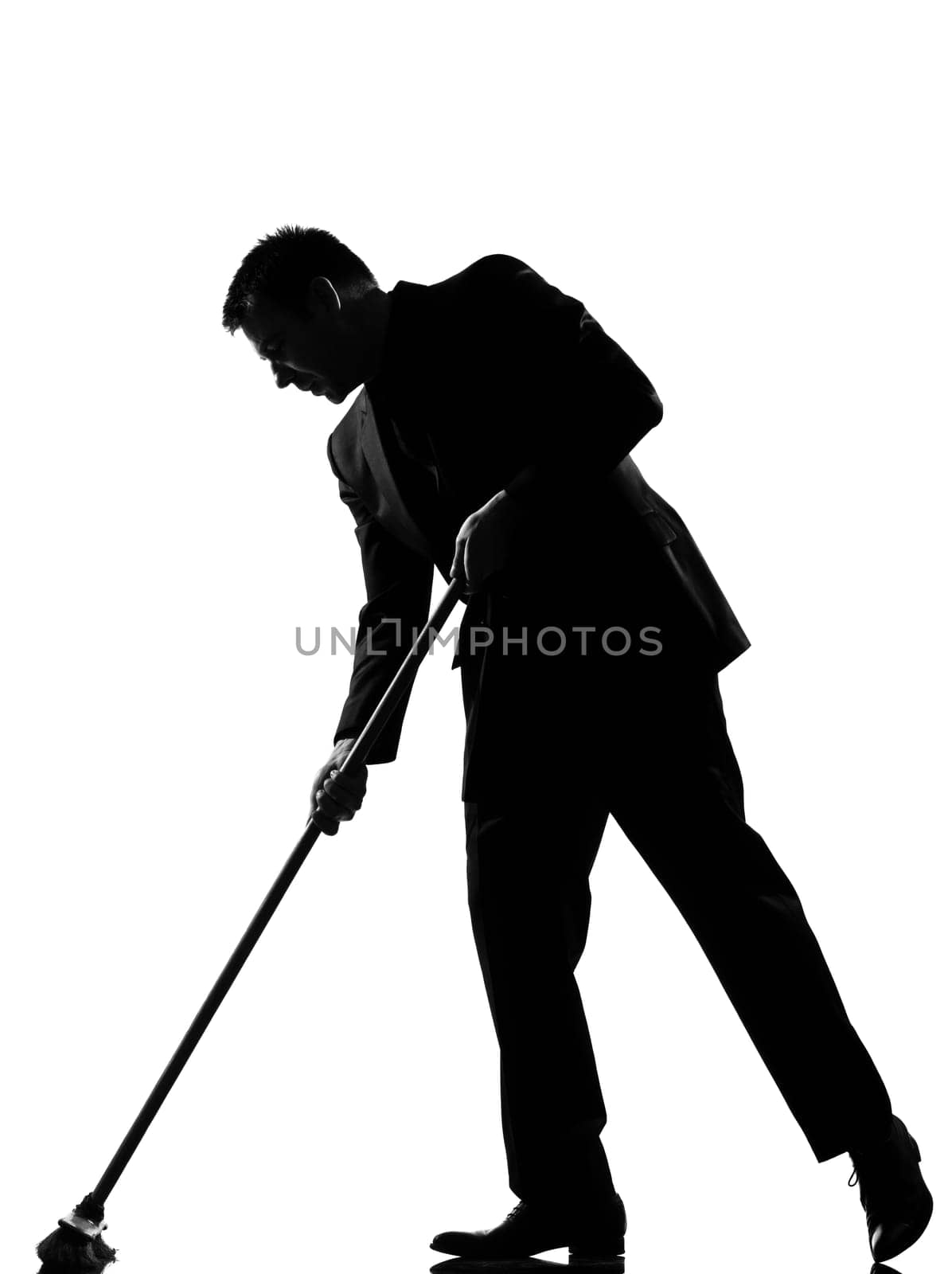 silhouette caucasian business man  wiping brooming   behavior full length on studio isolated white background