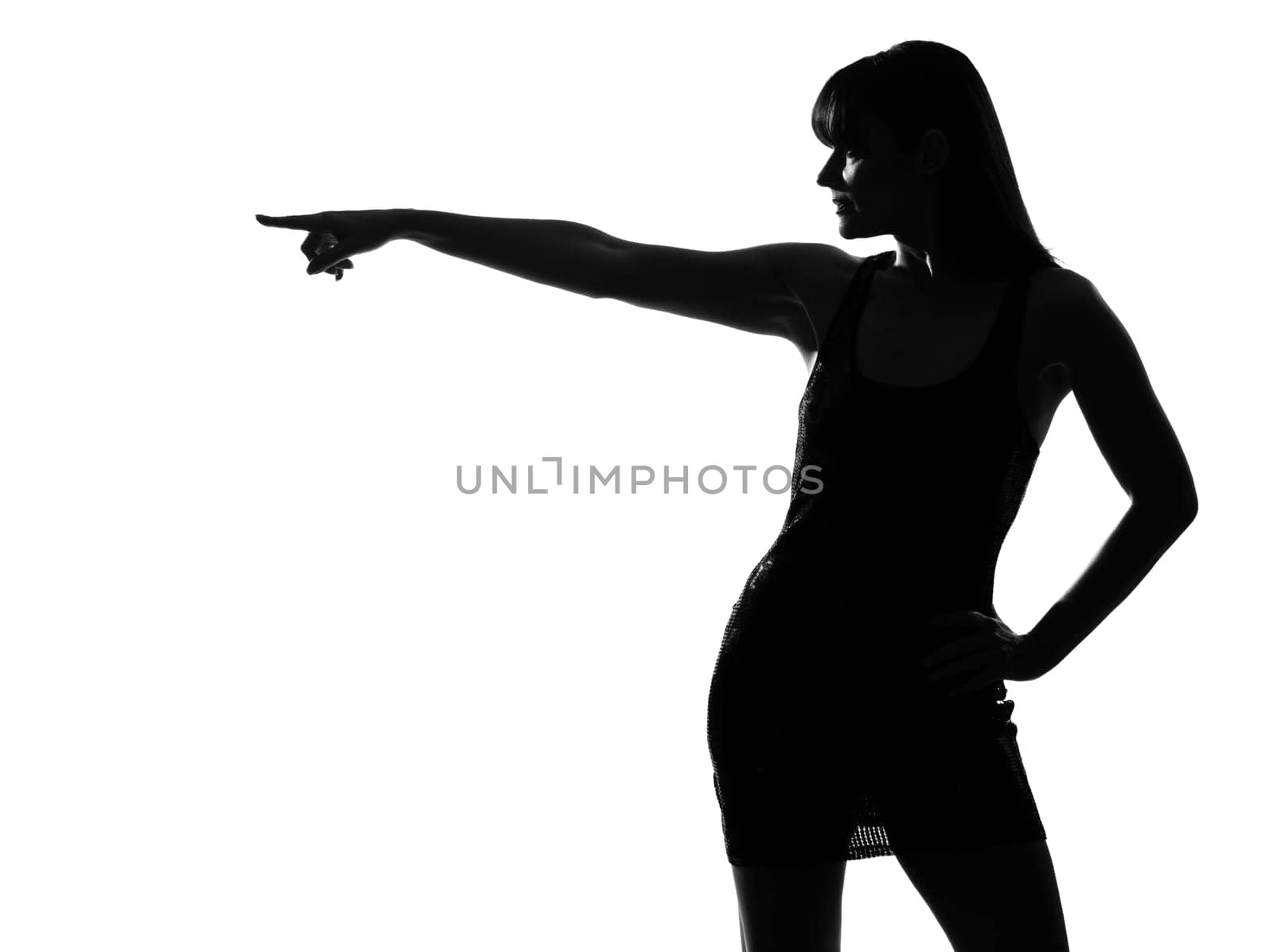 stylish sexy silhouette caucasian beautiful woman profile poiinting on studio isolated white background