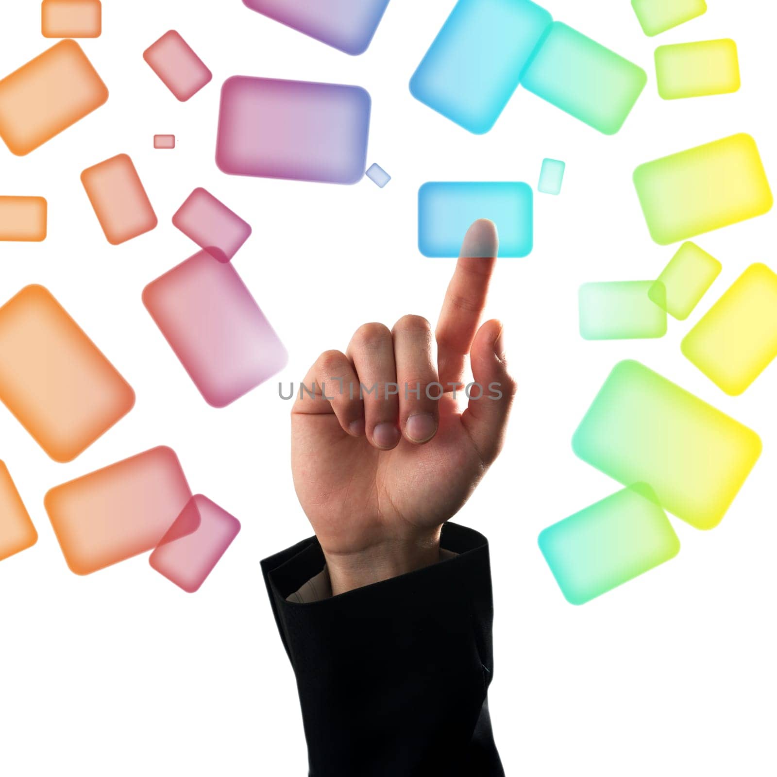 Finger pressing a button on touch screen interface